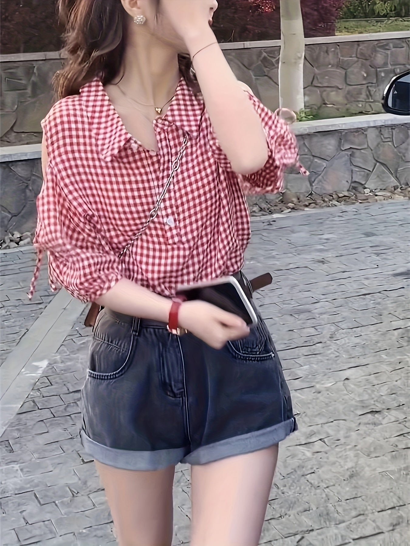 1pc Vintage Off-Shoulder Plaid Blouse for Women - Red & White Gingham Check, Puff Sleeves, Collar, Casual Summer Top, Hand Wash or Dry Clean, Relaxed Outfit, Nontransparent Fabric