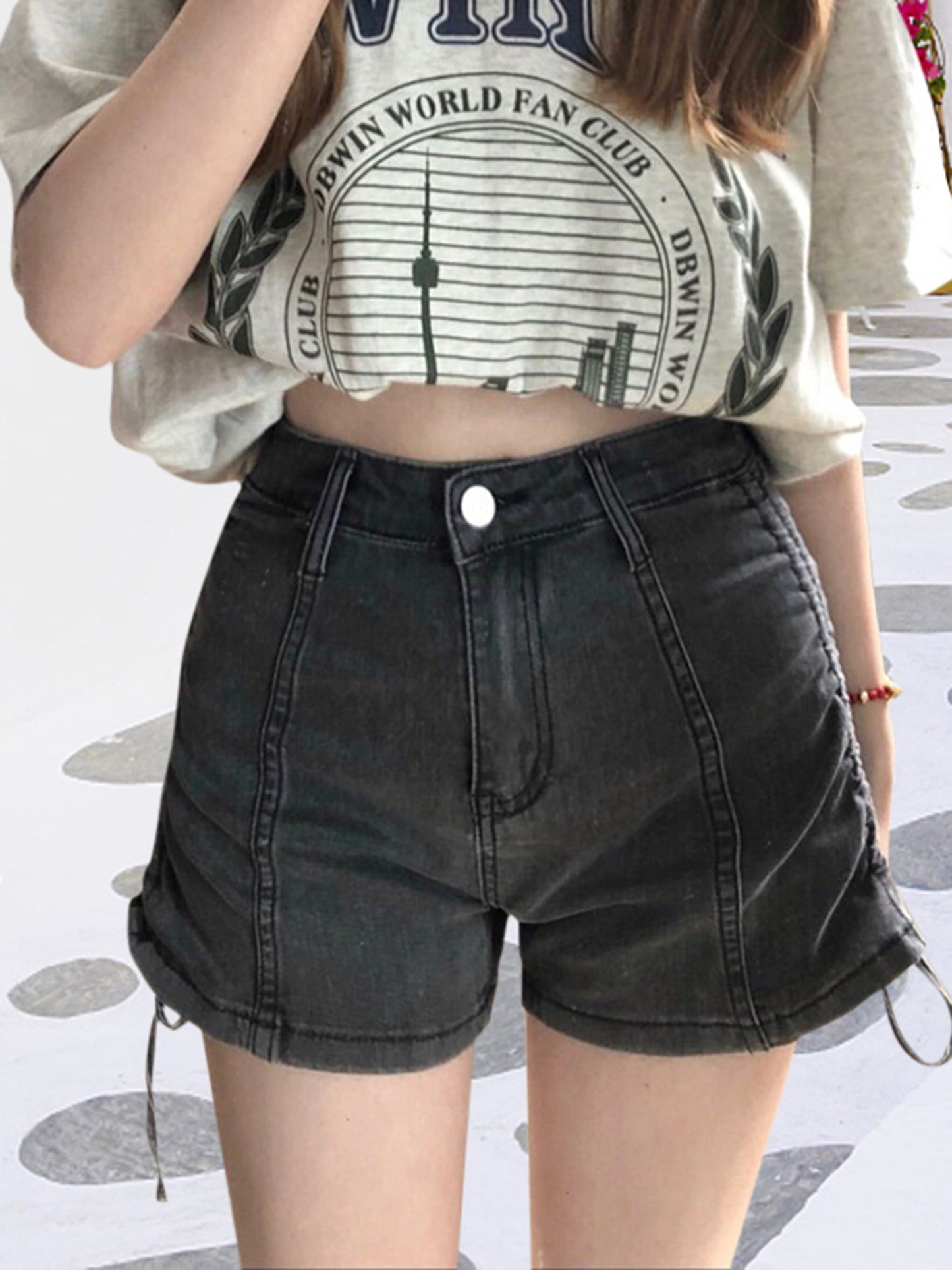 Women's High-Rise Denim Shorts with Side Drawstring Waist - Casual Summer Straight-Leg Jean Shorts for Beach, Club & Streetwear, Machine Washable