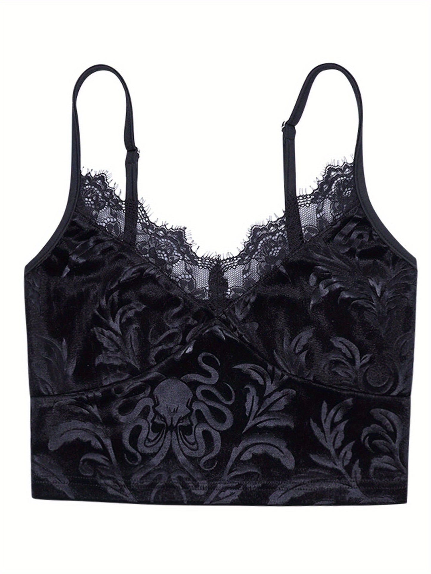 1pc Y2K Style Women'S Floral Lace Trim V-Neck Sleeveless Crop Top - Polyester Knit Fabric Gothic Camisole Tank for Summer - Contrast Lace Slingback Cami for Casual and Clubwear