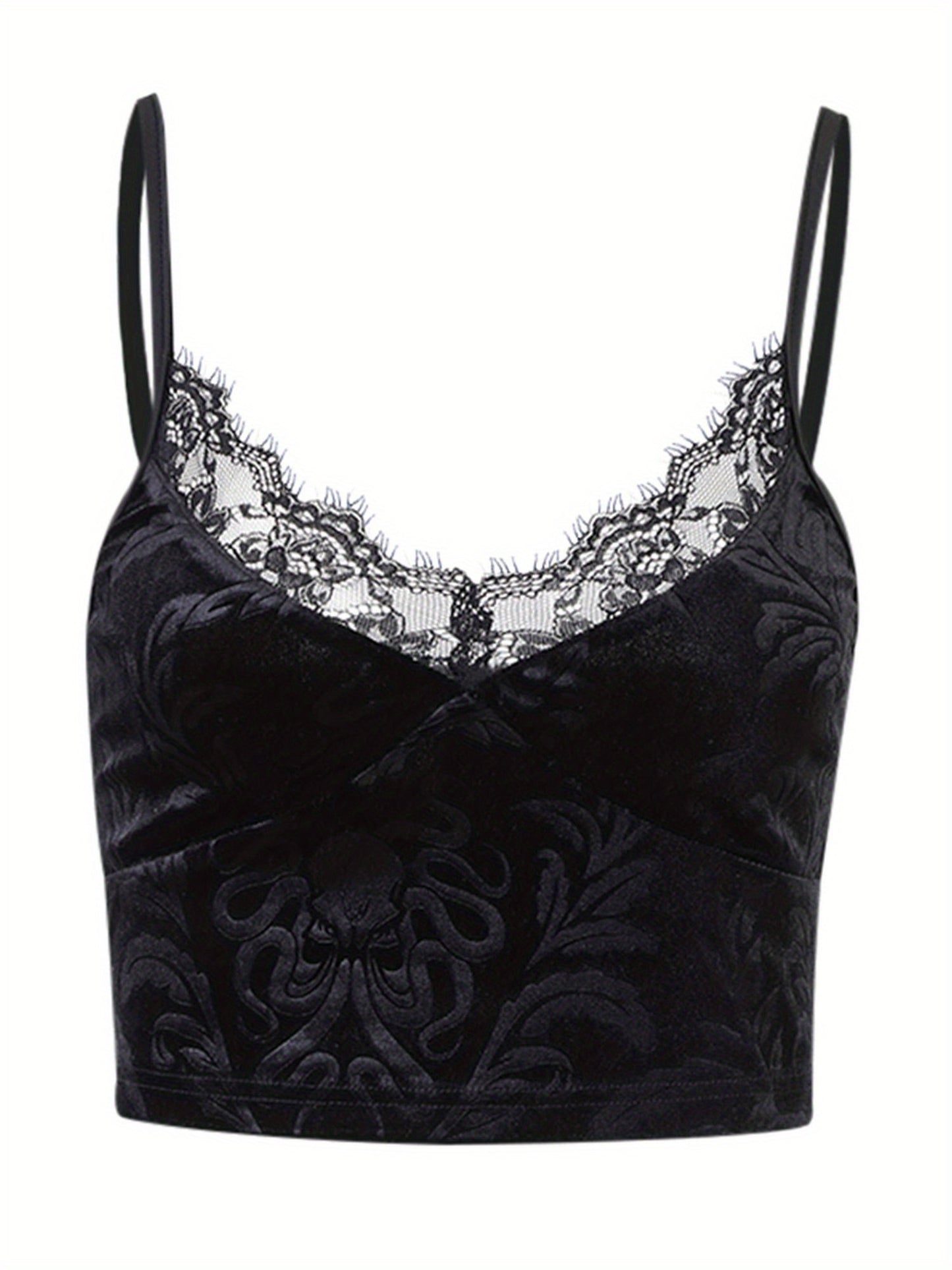 1pc Y2K Style Women'S Floral Lace Trim V-Neck Sleeveless Crop Top - Polyester Knit Fabric Gothic Camisole Tank for Summer - Contrast Lace Slingback Cami for Casual and Clubwear