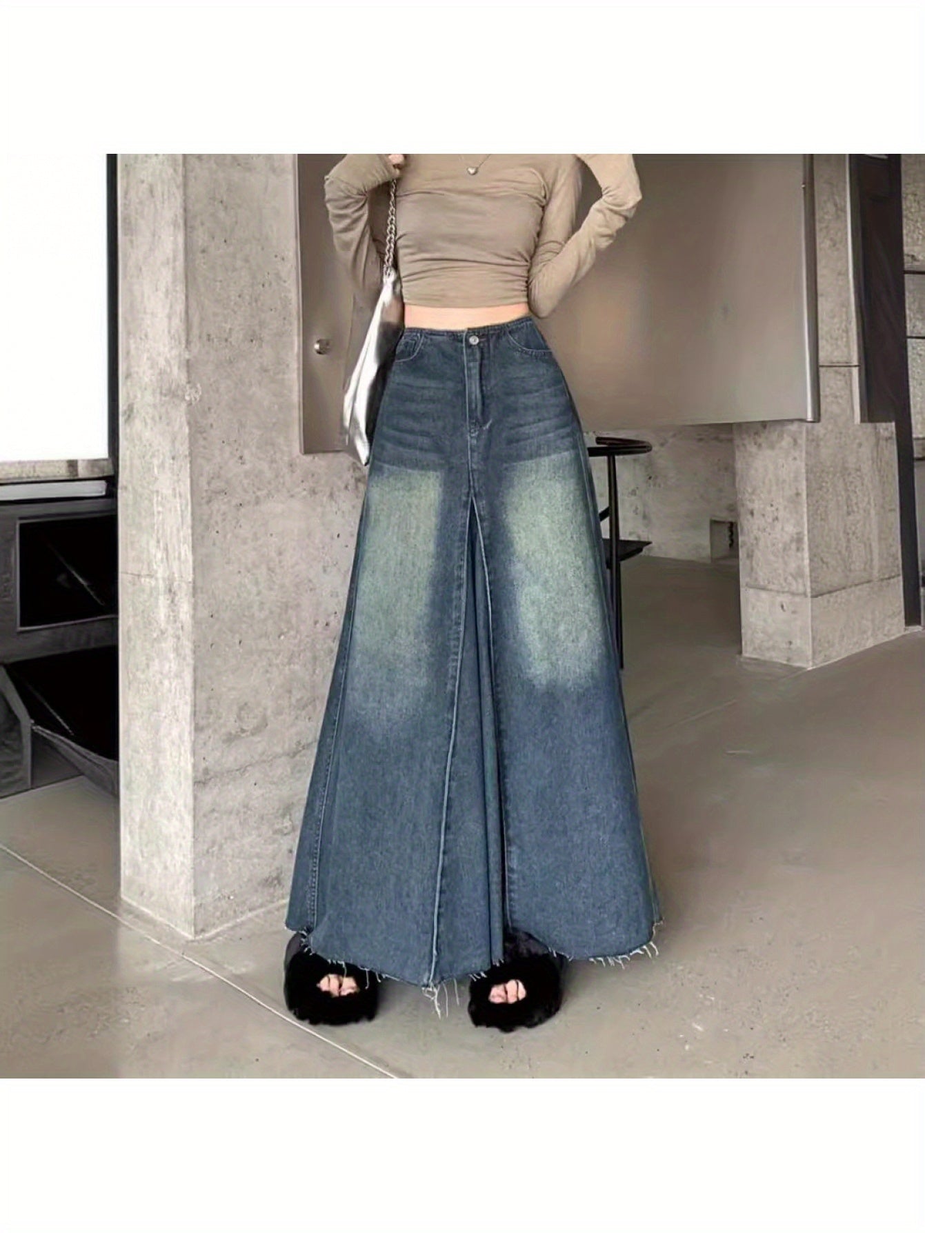 Women's Vintage Washed denim midi skirt - High Waist A-Line skirt, Non-See-Through denim, Elegant Everyday & Formal Outfits, Easy Care Vintage Look for Jeans Dresses Tops, Summer Fashion, Flared Silhouette, Nonseethrough Fabric