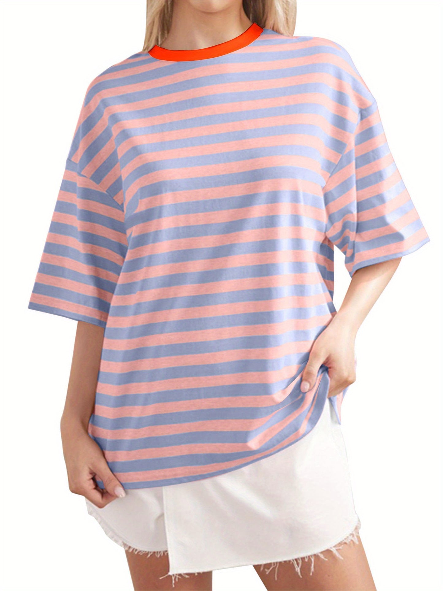 Women Short Sleeve T-Shirts Stripe Contrast Color Round Neck Shirts Summer Casual Loose Fit Tops Streetwear