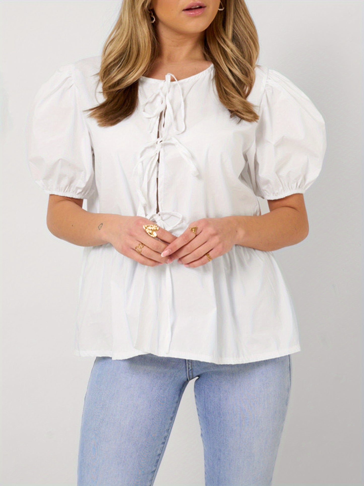 1pc Elegant Women'S Crew Neck Tie Front Puff Sleeve Shirt - 100% Polyester Solid Color Loose Blouse for All Seasons