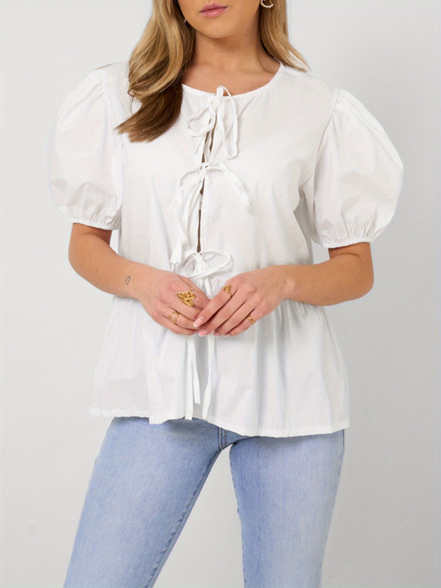 1pc Elegant Women'S Crew Neck Tie Front Puff Sleeve Shirt - 100% Polyester Solid Color Loose Blouse for All Seasons
