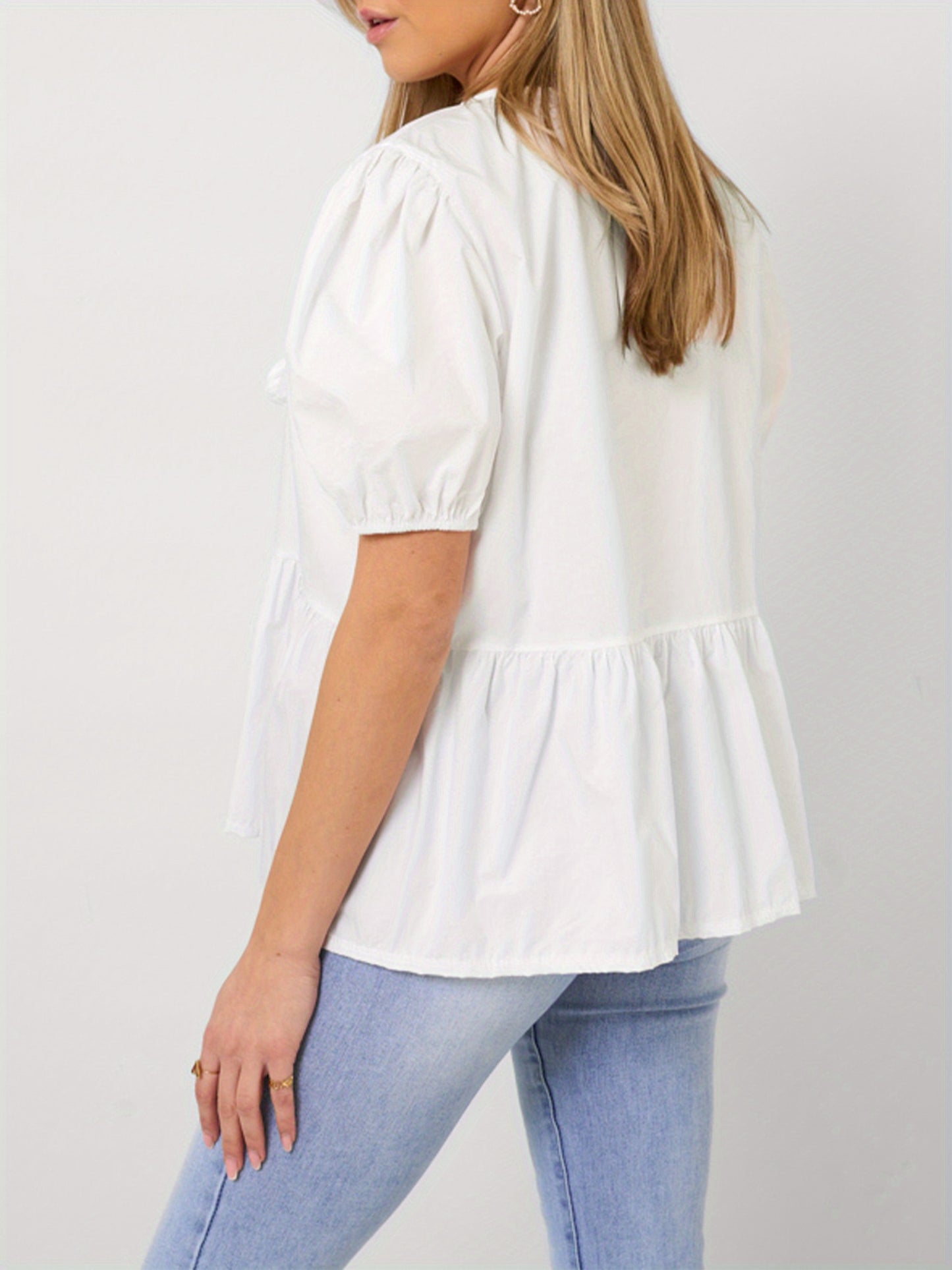 1pc Elegant Women'S Crew Neck Tie Front Puff Sleeve Shirt - 100% Polyester Solid Color Loose Blouse for All Seasons