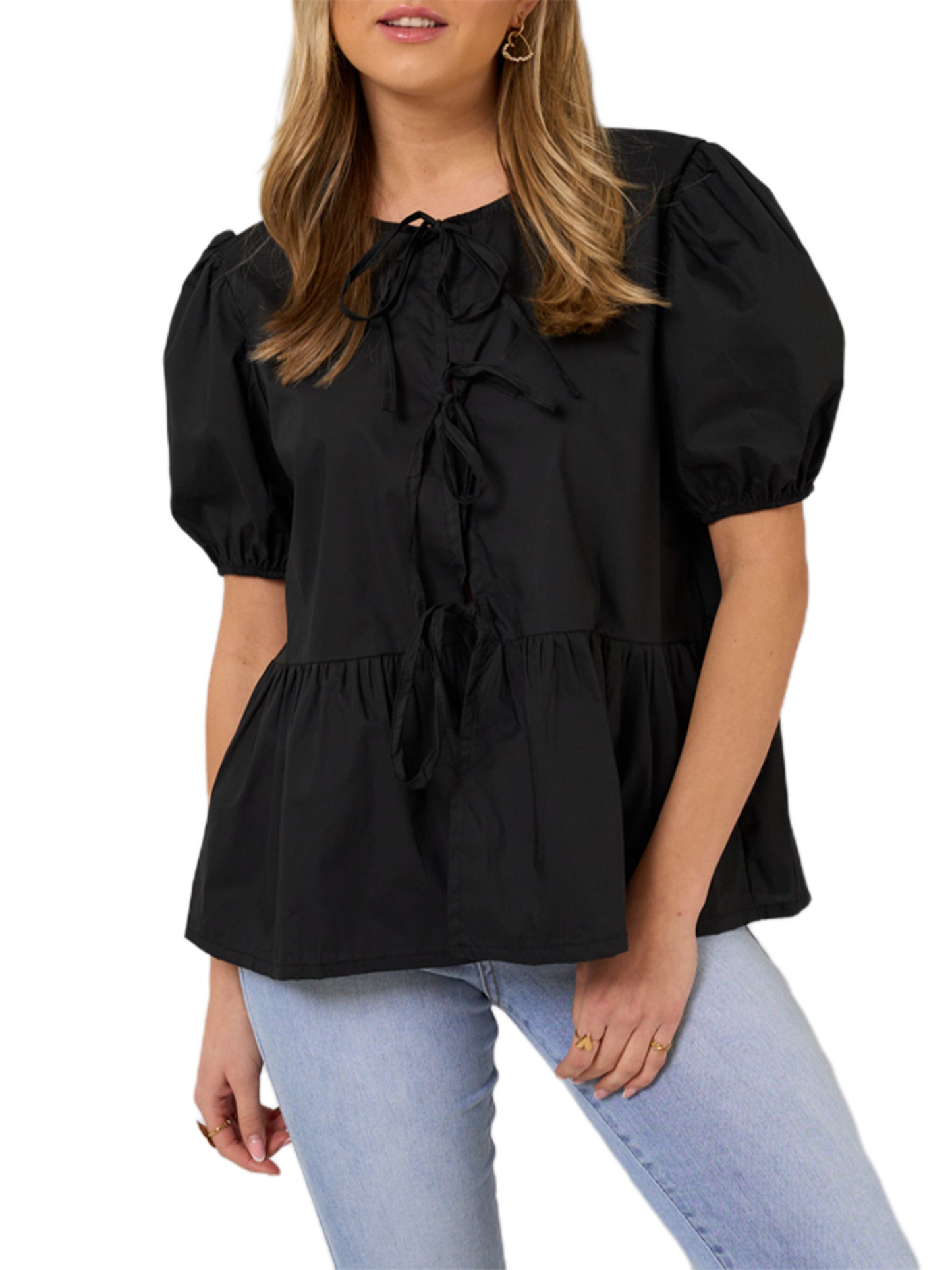 1pc Elegant Women'S Crew Neck Tie Front Puff Sleeve Shirt - 100% Polyester Solid Color Loose Blouse for All Seasons