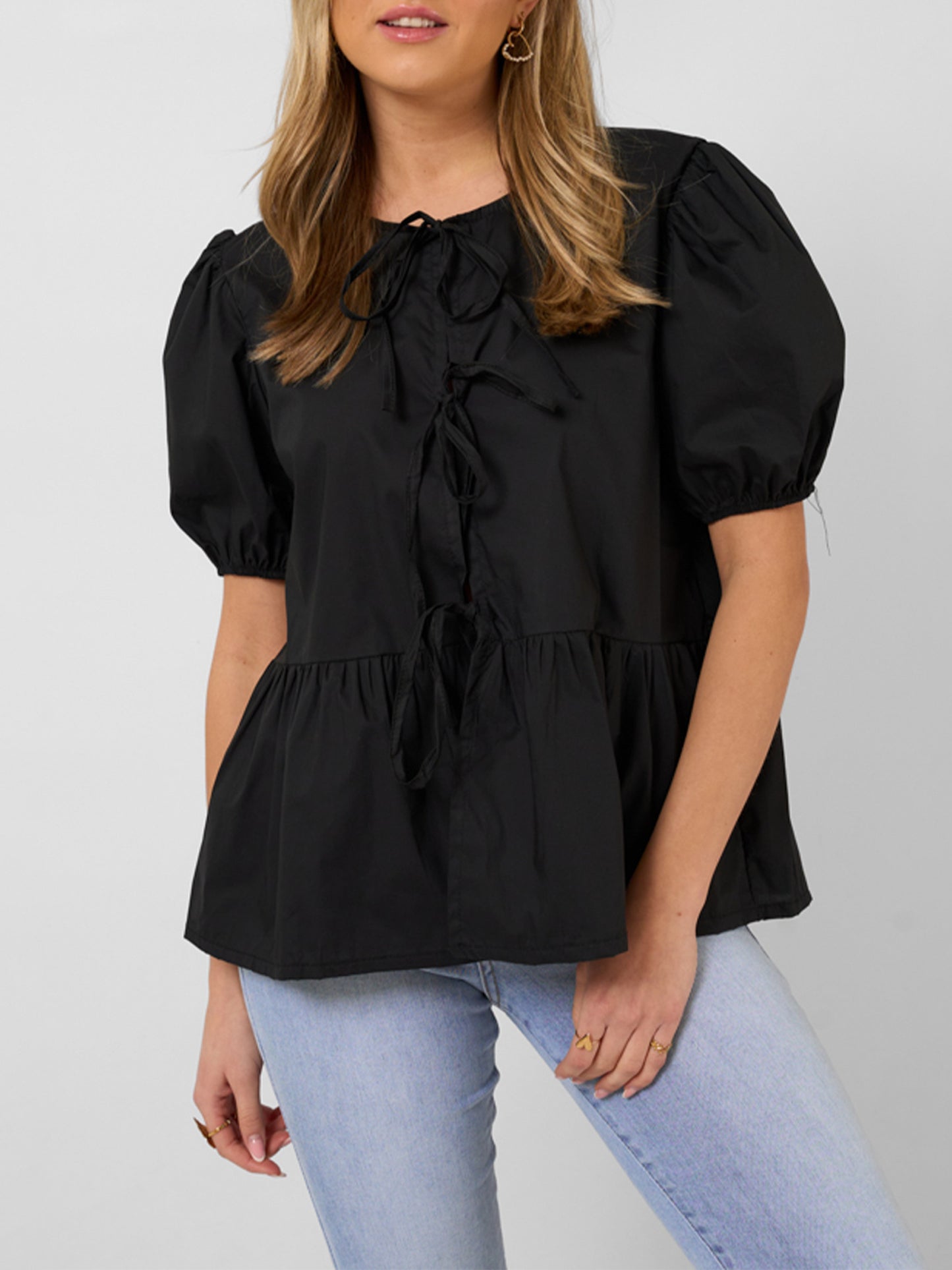 1pc Elegant Women'S Crew Neck Tie Front Puff Sleeve Shirt - 100% Polyester Solid Color Loose Blouse for All Seasons