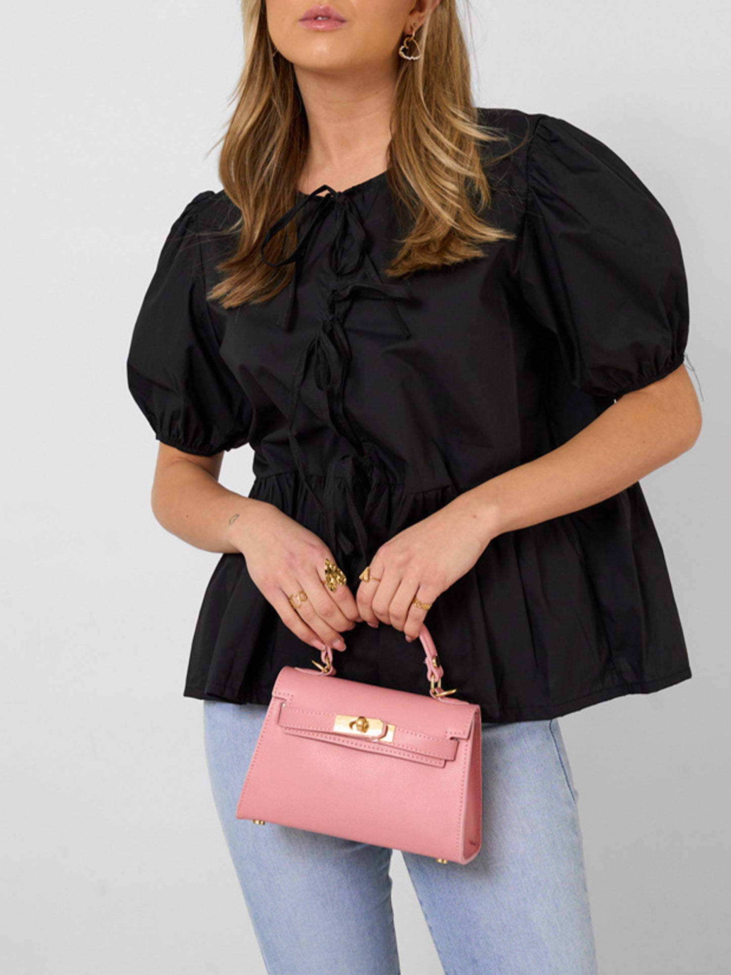 1pc Elegant Women'S Crew Neck Tie Front Puff Sleeve Shirt - 100% Polyester Solid Color Loose Blouse for All Seasons