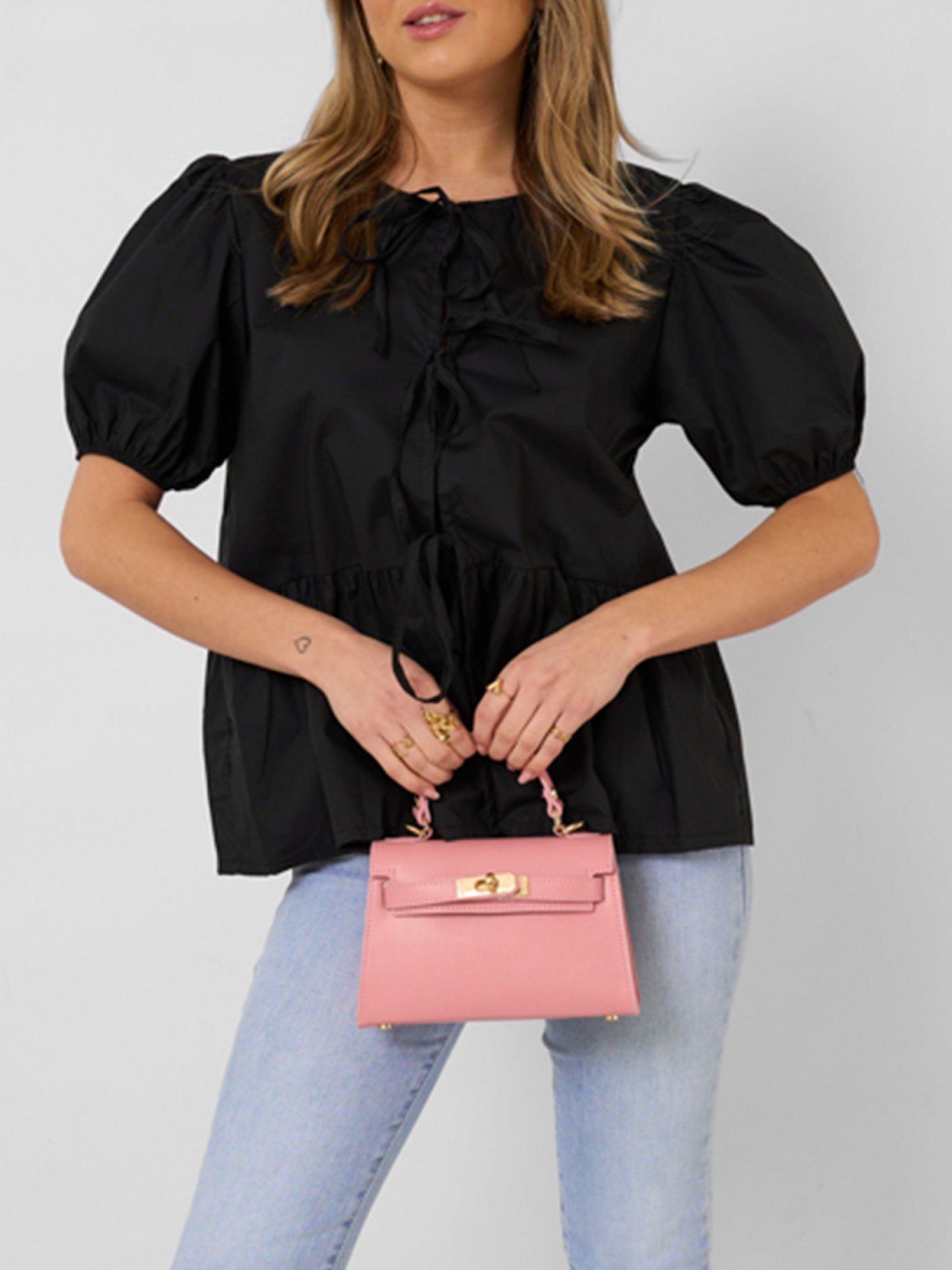 1pc Elegant Women'S Crew Neck Tie Front Puff Sleeve Shirt - 100% Polyester Solid Color Loose Blouse for All Seasons