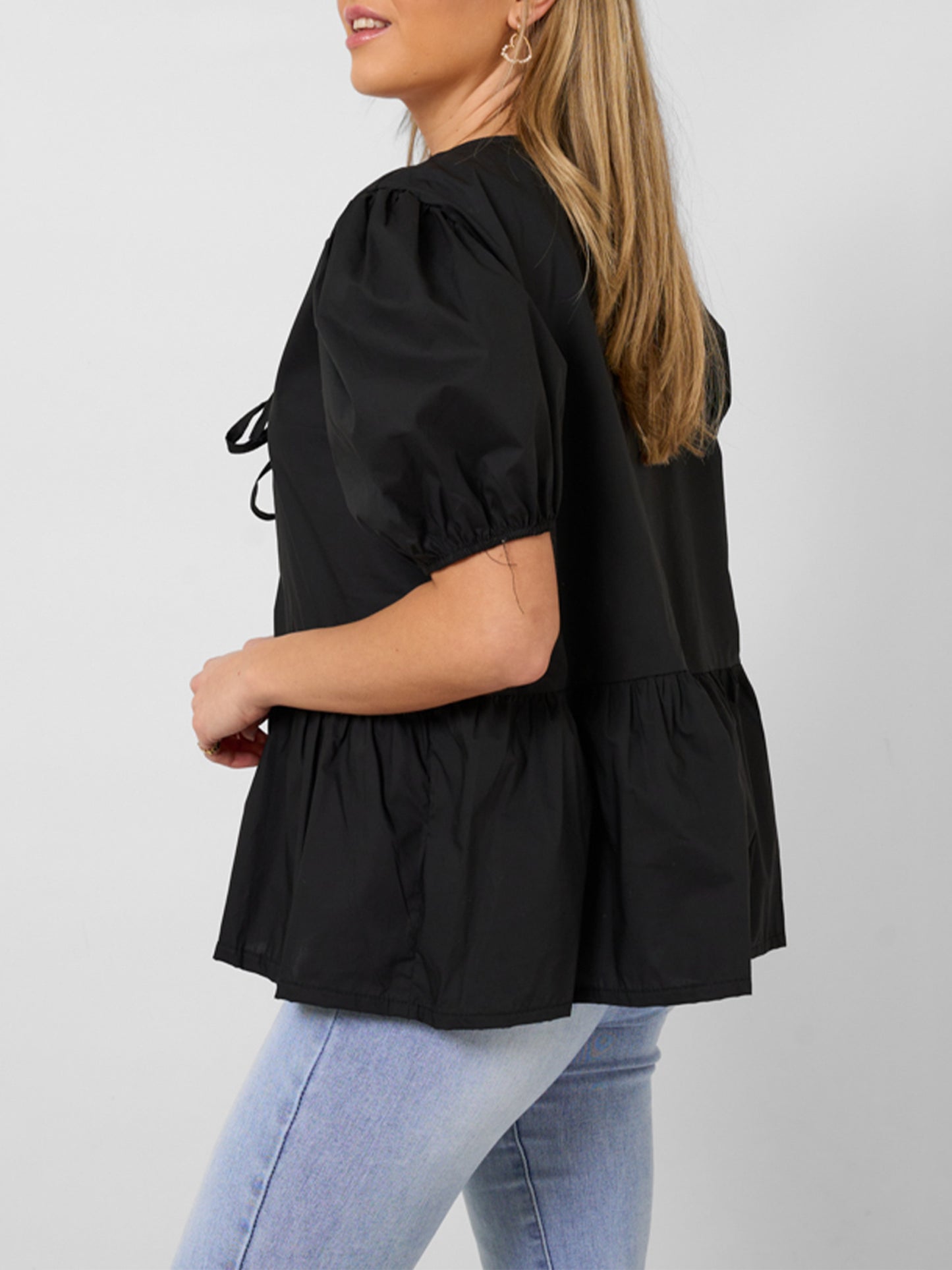 1pc Elegant Women'S Crew Neck Tie Front Puff Sleeve Shirt - 100% Polyester Solid Color Loose Blouse for All Seasons