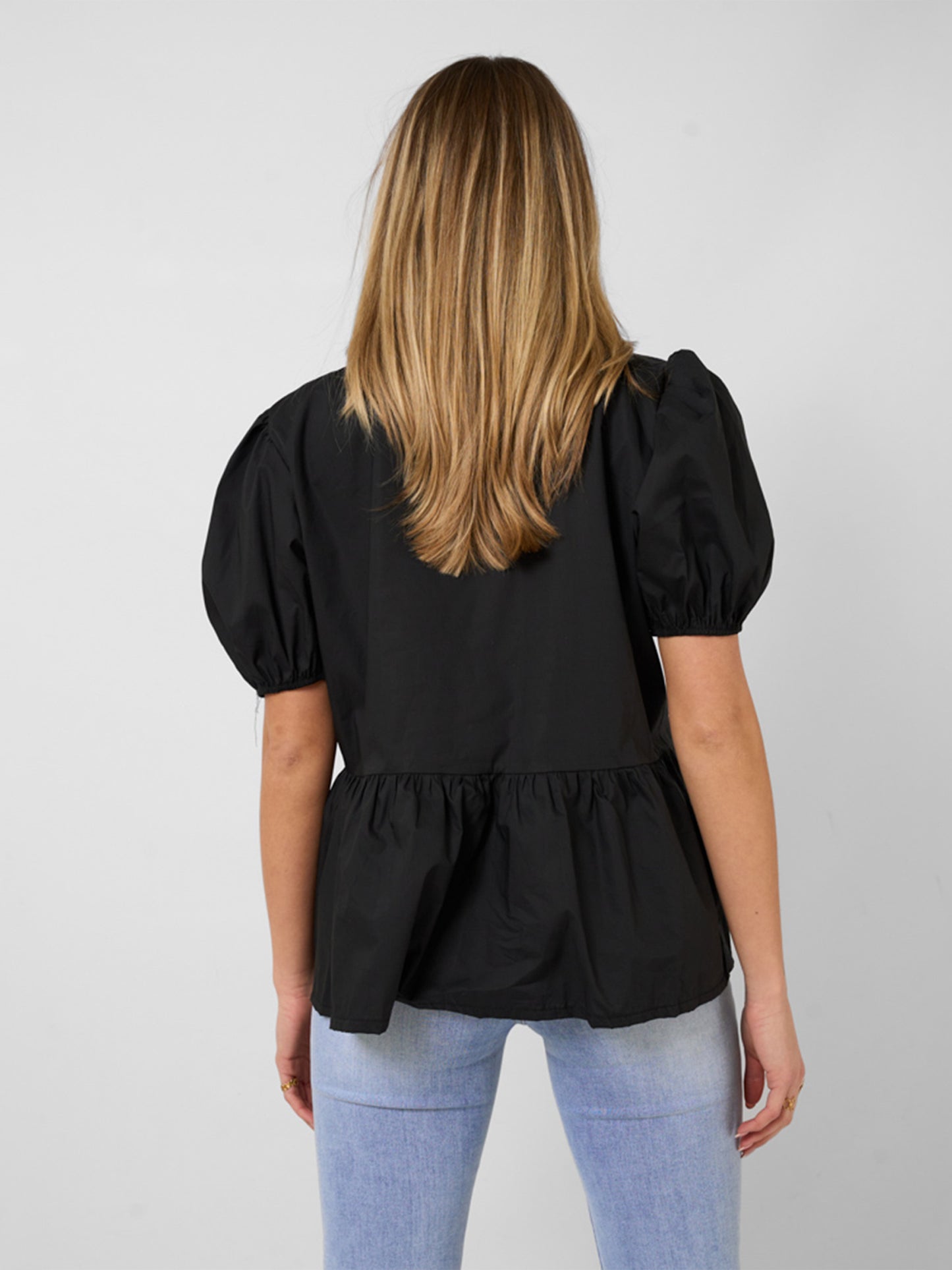 1pc Elegant Women'S Crew Neck Tie Front Puff Sleeve Shirt - 100% Polyester Solid Color Loose Blouse for All Seasons
