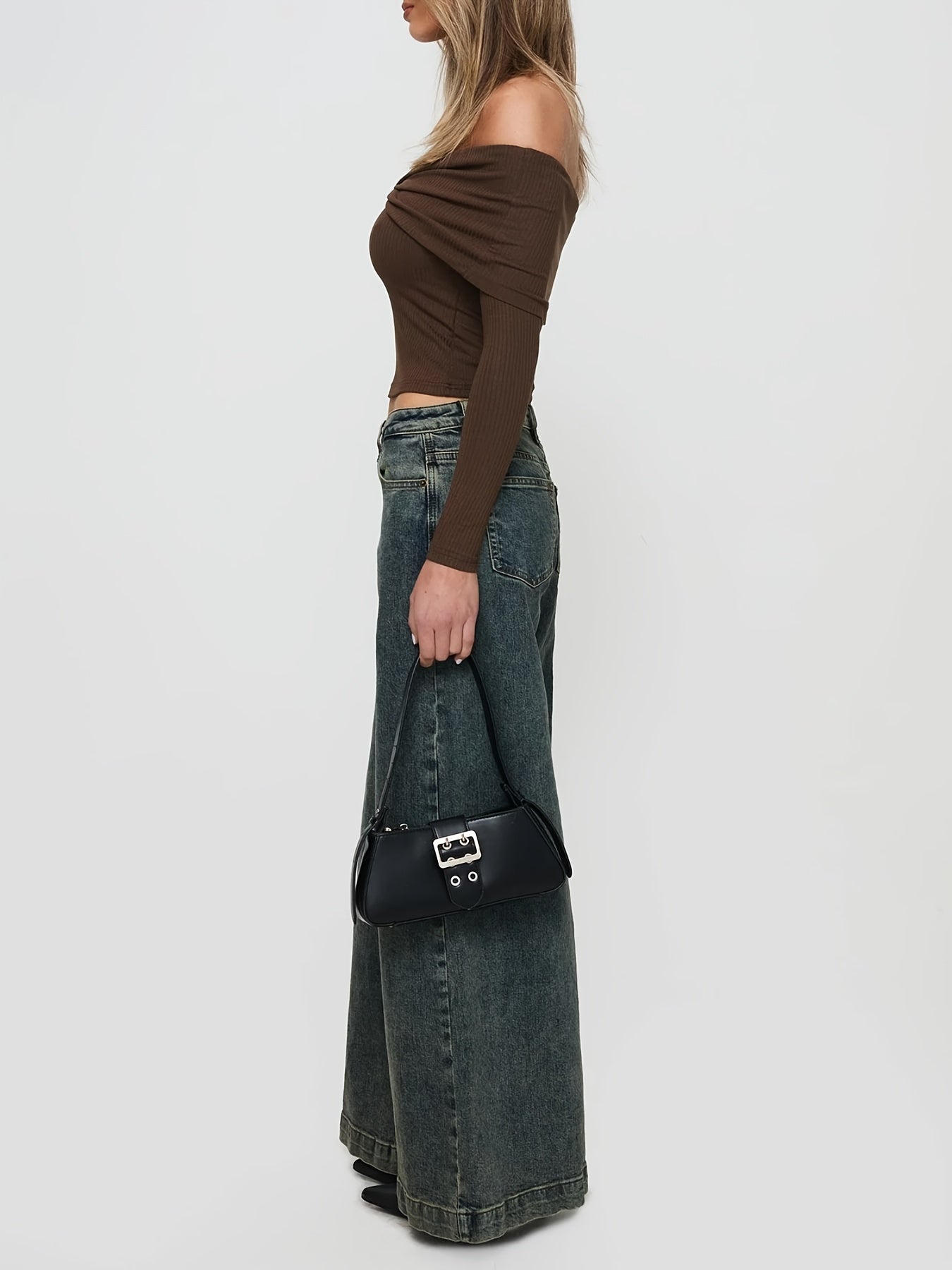 1pc Women'S Casual Wide Leg Jeans - Cotton Blend, Slight Stretch, Solid Color, Woven, All-Season, Loose Fit, Retro-Inspired Denim