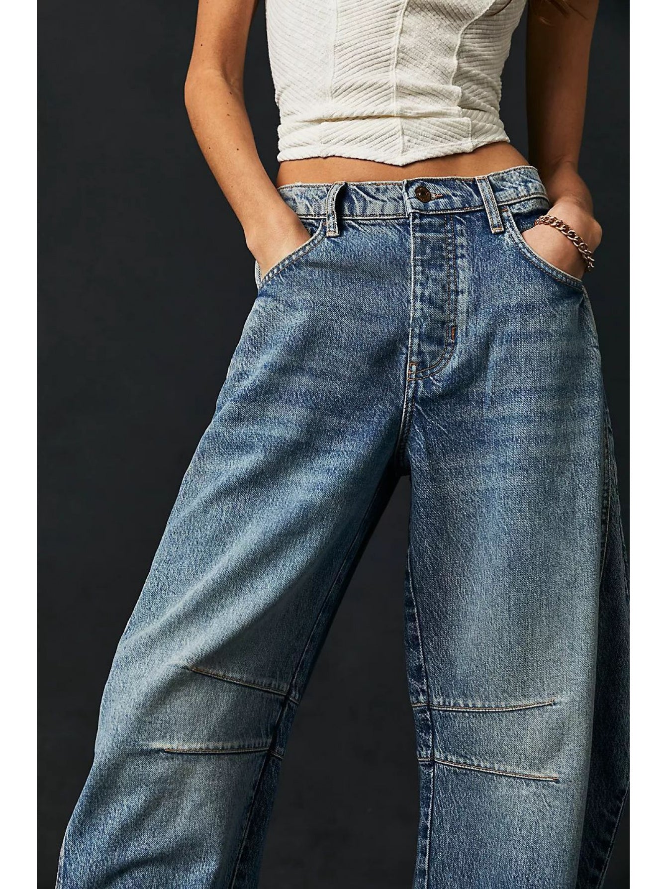Women's Mid-Low Waist Loose Wide-Leg Jeans - Vintage Washed Denim Pants with Belt Loops & Pockets, All-Season Casual Trousers, Machine Washable