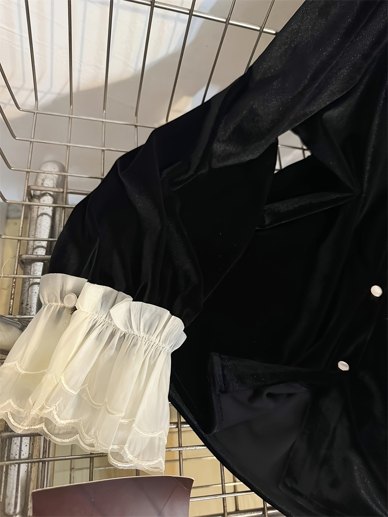 French Vintage Black Fleece Blouse with Ruffled Collar & Cuffs - Button-Up Long Sleeve Shirt for Women, Machine Washable Winter Layering Top for Office & Casual Outfits