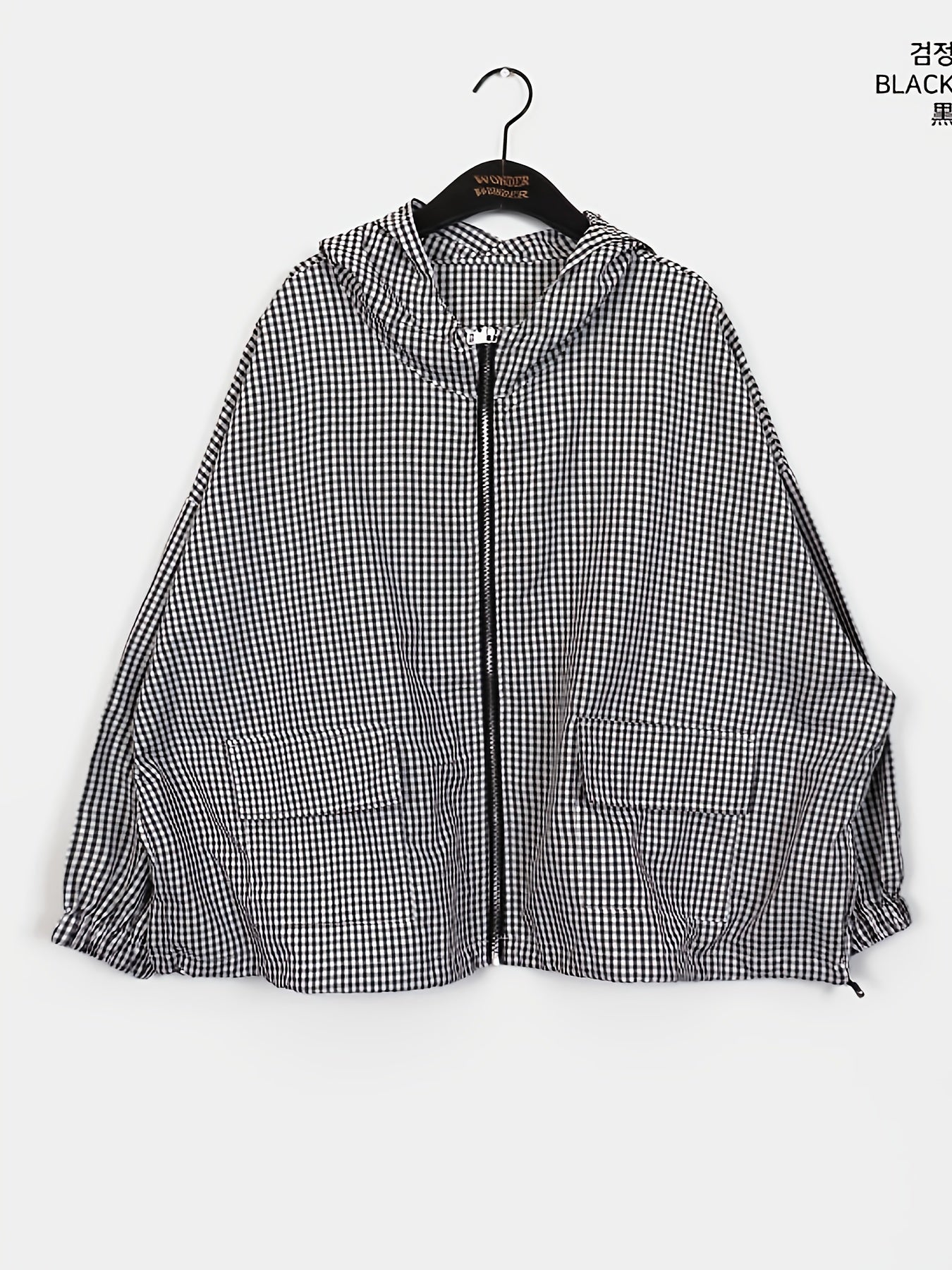 Women'S Lightweight Plaid Hooded Jacket - Casual Chic Long Sleeve Zipper Front Coat with Pockets, Black & White Checkered Pattern, Perfect for Fall\u002FWinter Outings, Fall Winter Apparel | Checkered Pattern Jacket | Zippered Jacket