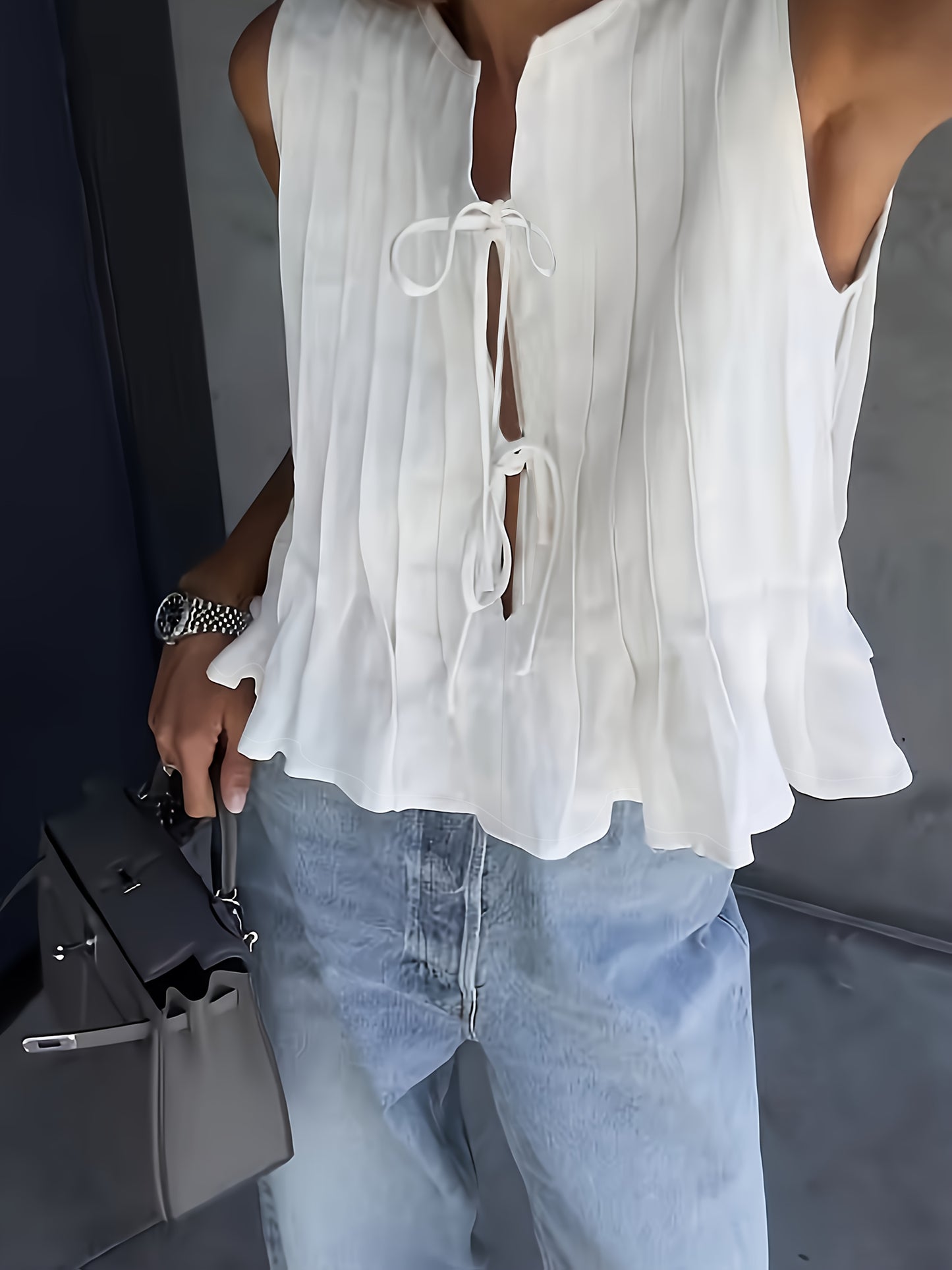 Women'S Sleeveless Bow Tie Front Blouse - Elegant White Ruffled Cardigan Top with Keyhole Detail, All-Season Stylish Shirt for Adults, Casual Attire Top|Ruffled Sleeveless Top|Keyhole Detail Top