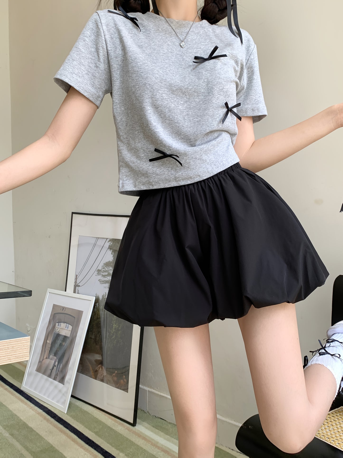 Korean Style Puff Sleeve Versatile Shorts for Women - Spring 2025 New Arrival, High-Waisted Wide-Leg Pants in Black
