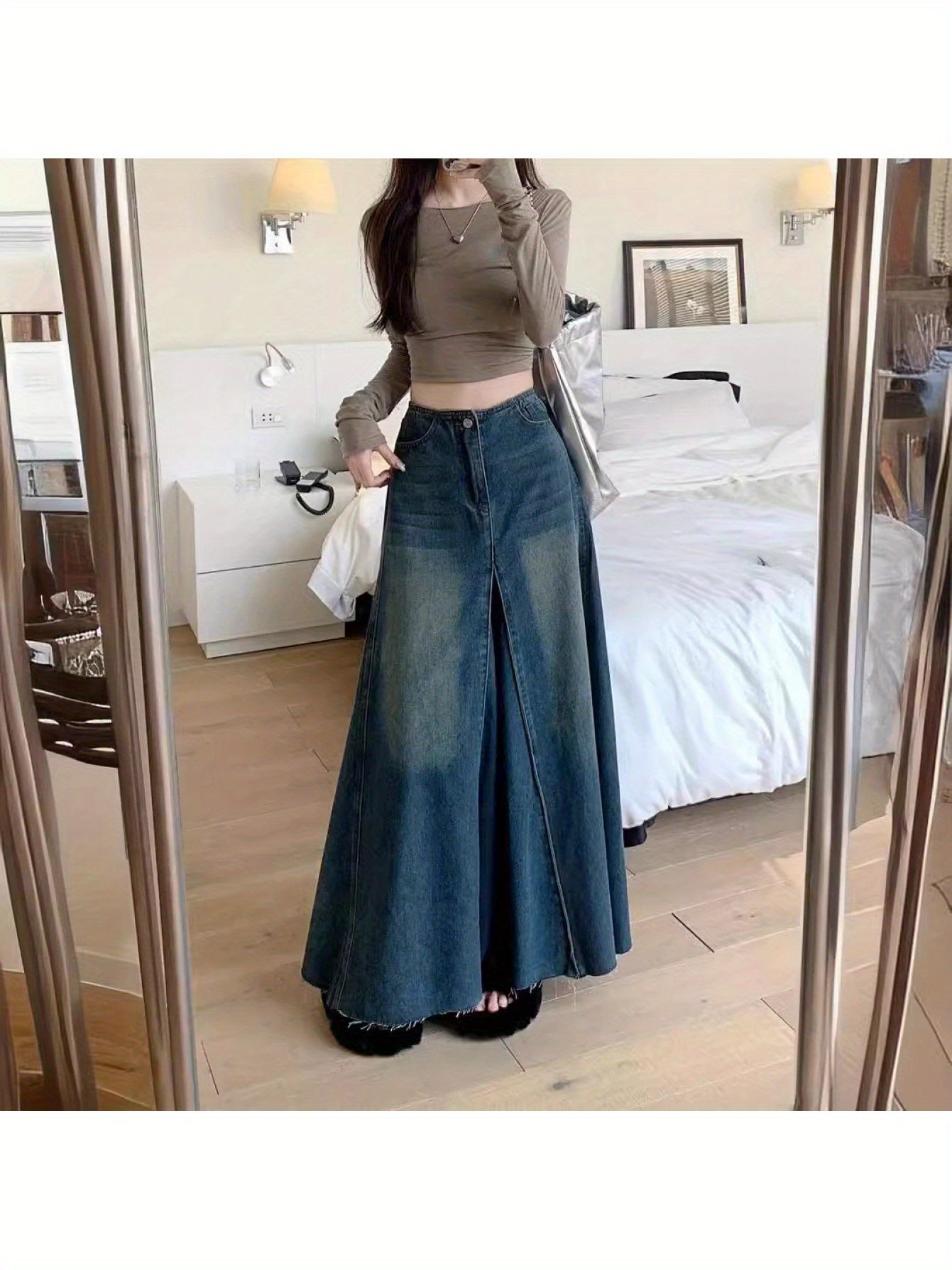 Women's Vintage Washed denim midi skirt - High Waist A-Line skirt, Non-See-Through denim, Elegant Everyday & Formal Outfits, Easy Care Vintage Look for Jeans Dresses Tops, Summer Fashion, Flared Silhouette, Nonseethrough Fabric