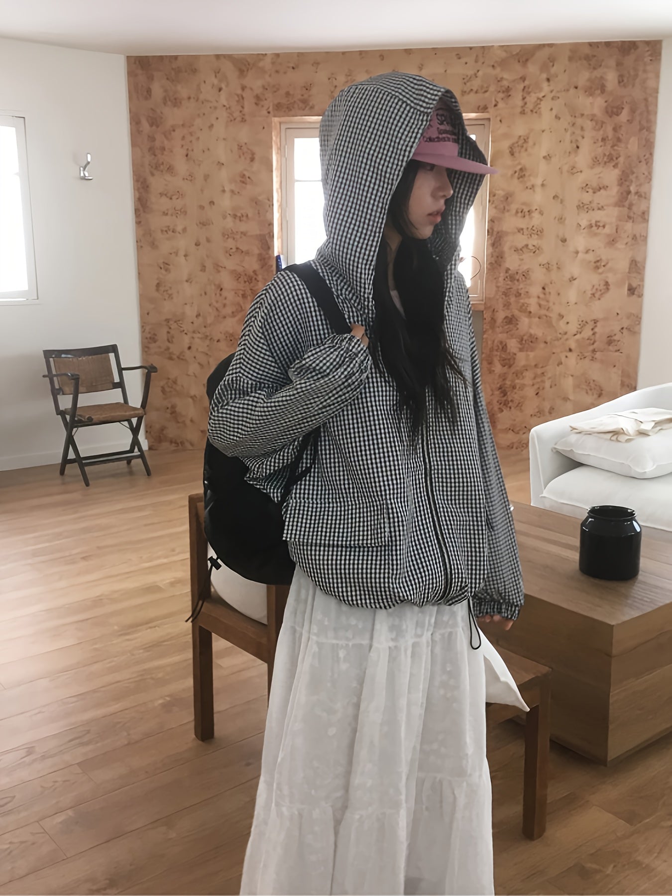 Women'S Lightweight Plaid Hooded Jacket - Casual Chic Long Sleeve Zipper Front Coat with Pockets, Black & White Checkered Pattern, Perfect for Fall\u002FWinter Outings, Fall Winter Apparel | Checkered Pattern Jacket | Zippered Jacket