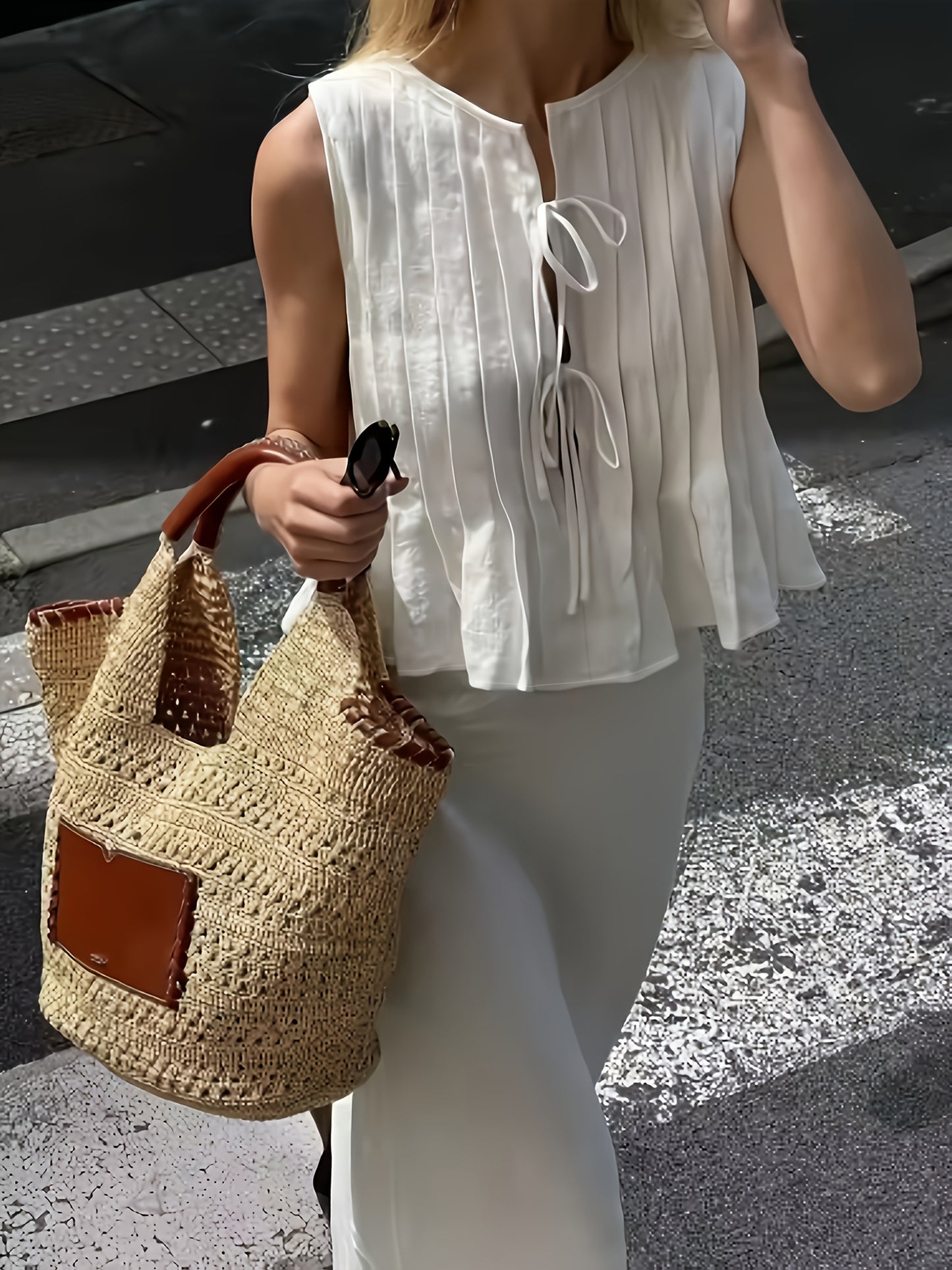 Women'S Sleeveless Bow Tie Front Blouse - Elegant White Ruffled Cardigan Top with Keyhole Detail, All-Season Stylish Shirt for Adults, Casual Attire Top|Ruffled Sleeveless Top|Keyhole Detail Top