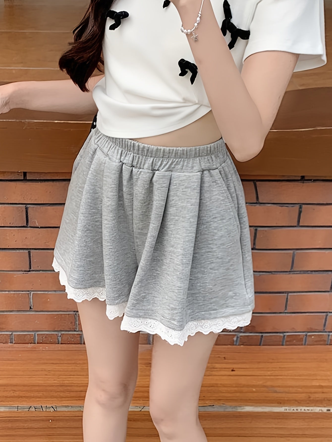 Chic Summer Short Pants, Solid Color, Non-Stretch, Contrast Lace, Regular Fit