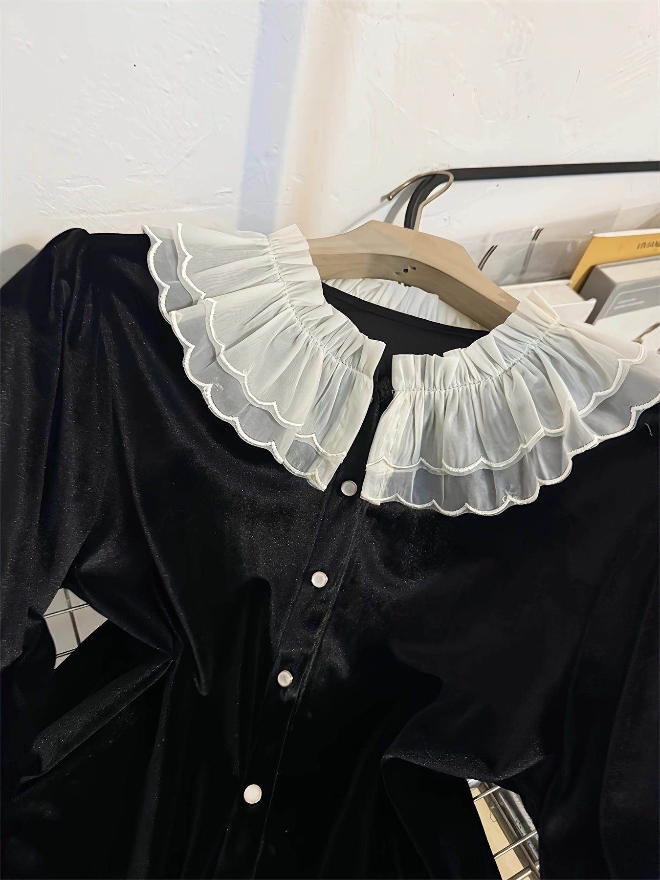 French Vintage Black Fleece Blouse with Ruffled Collar & Cuffs - Button-Up Long Sleeve Shirt for Women, Machine Washable Winter Layering Top for Office & Casual Outfits