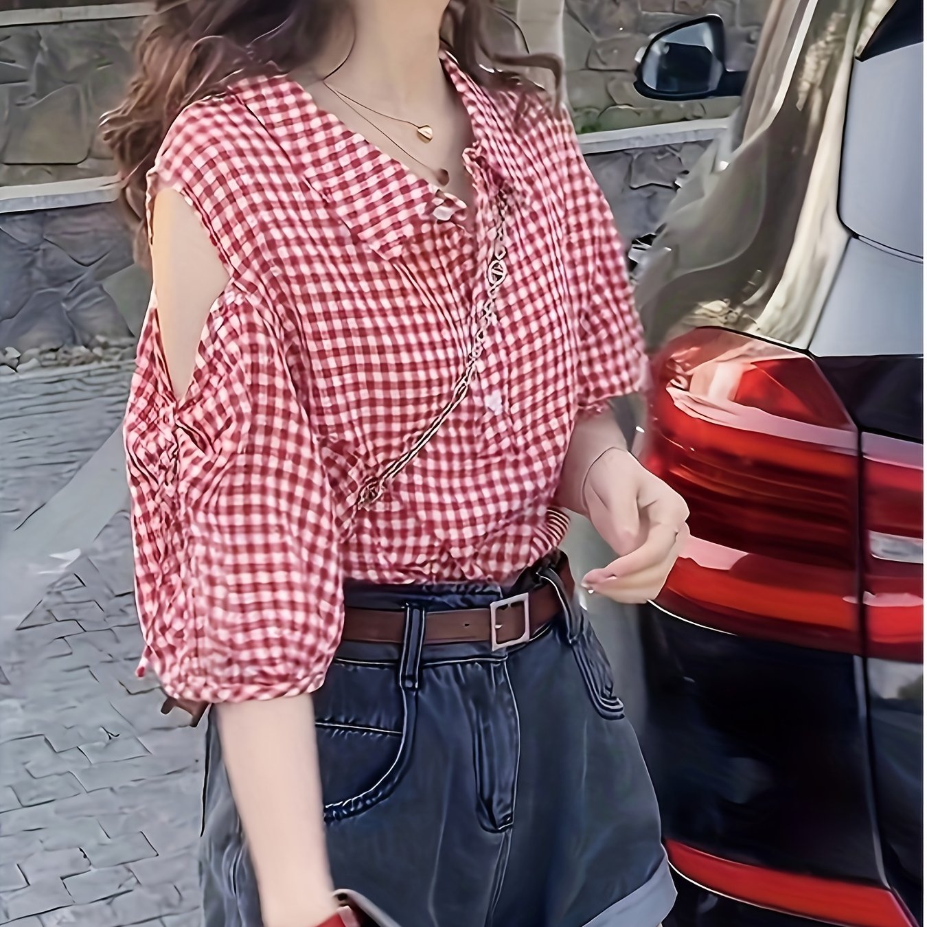 1pc Vintage Off-Shoulder Plaid Blouse for Women - Red & White Gingham Check, Puff Sleeves, Collar, Casual Summer Top, Hand Wash or Dry Clean, Relaxed Outfit, Nontransparent Fabric