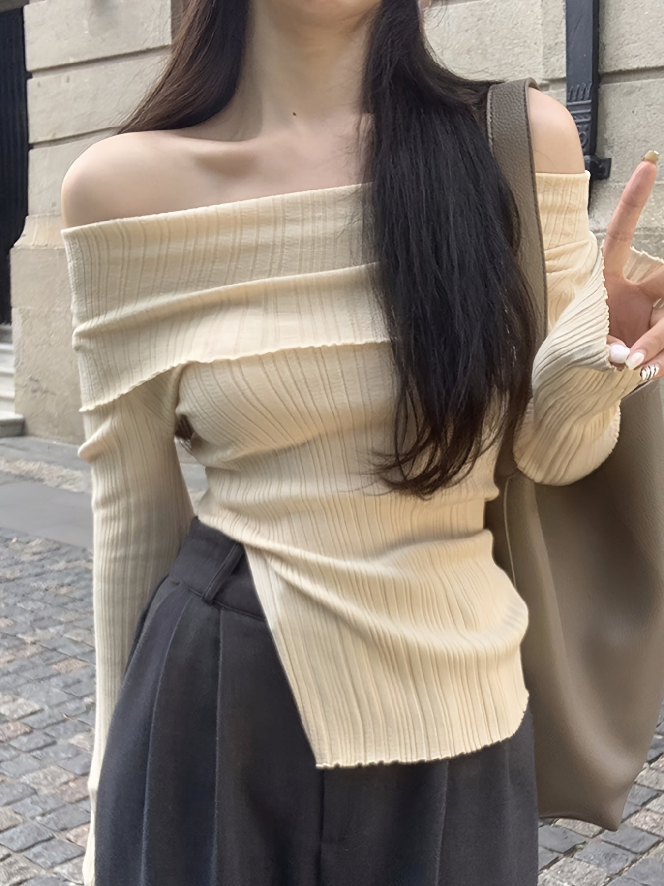 Women'S Autumn And Winter Women'S New One-Shoulder Pullover Slim Hem Slit Thin Casual Long-Sleeved Top Solid Color Off-Shoulder Slit Shirt