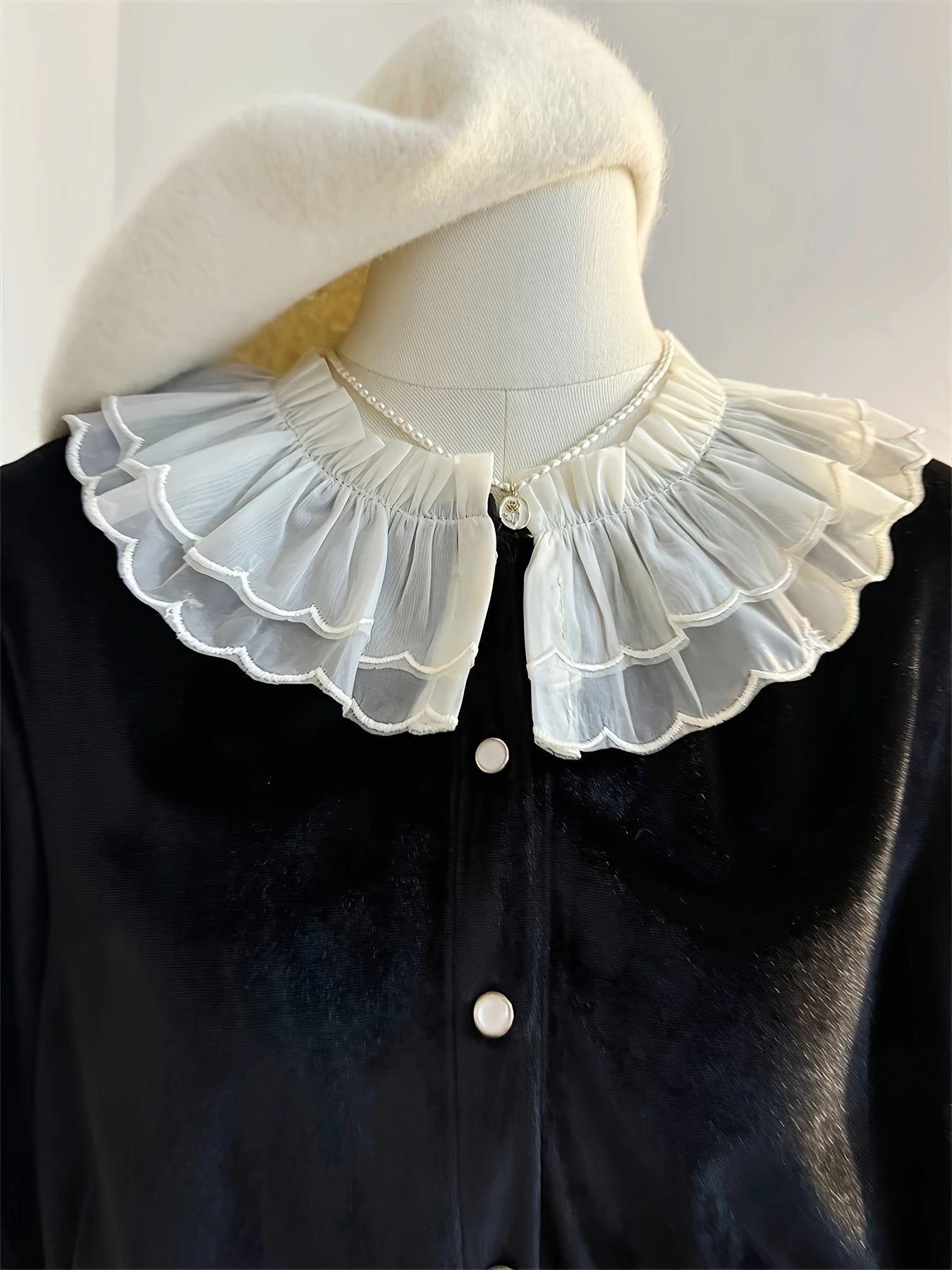French Vintage Black Fleece Blouse with Ruffled Collar & Cuffs - Button-Up Long Sleeve Shirt for Women, Machine Washable Winter Layering Top for Office & Casual Outfits