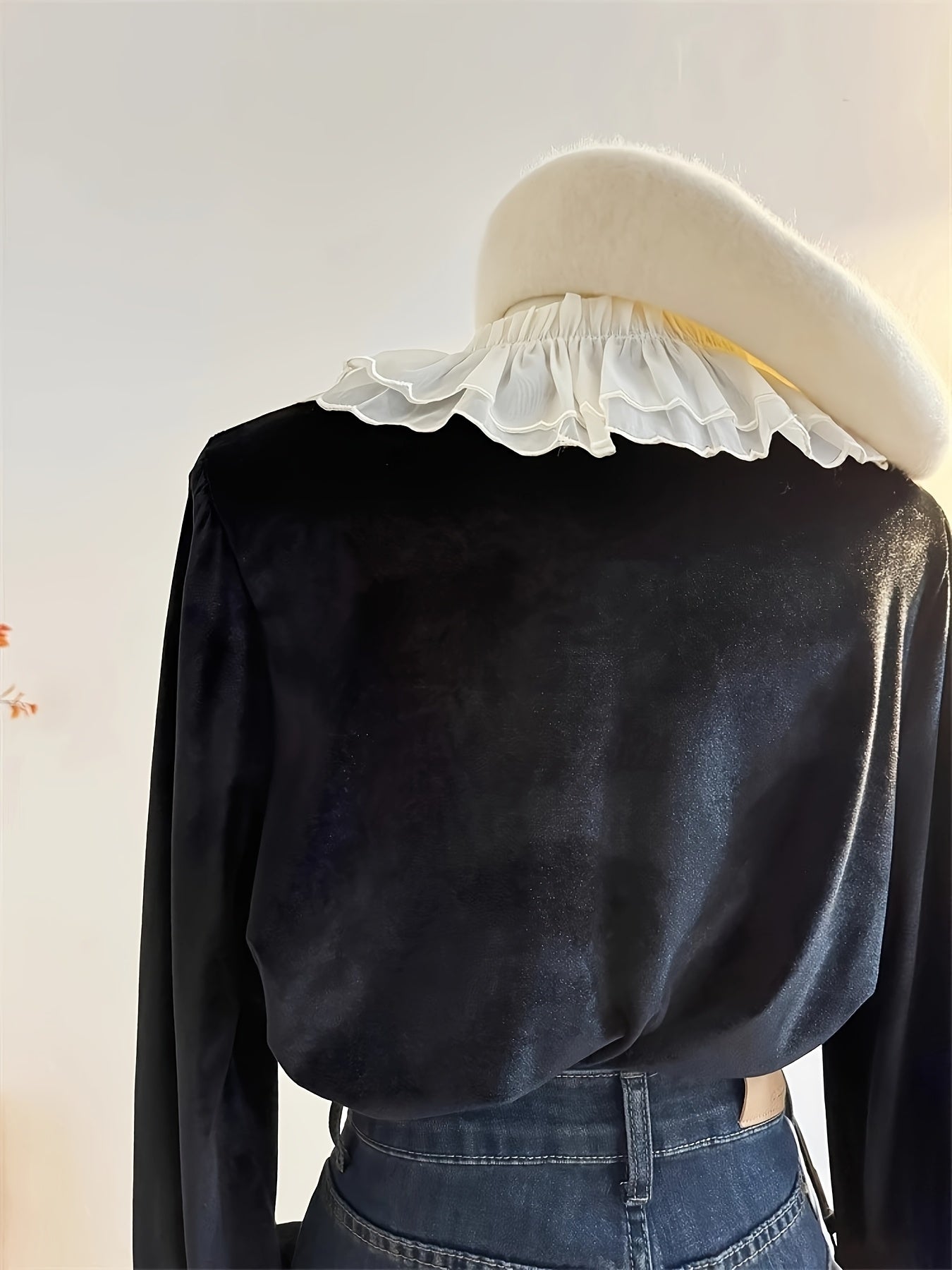 French Vintage Black Fleece Blouse with Ruffled Collar & Cuffs - Button-Up Long Sleeve Shirt for Women, Machine Washable Winter Layering Top for Office & Casual Outfits