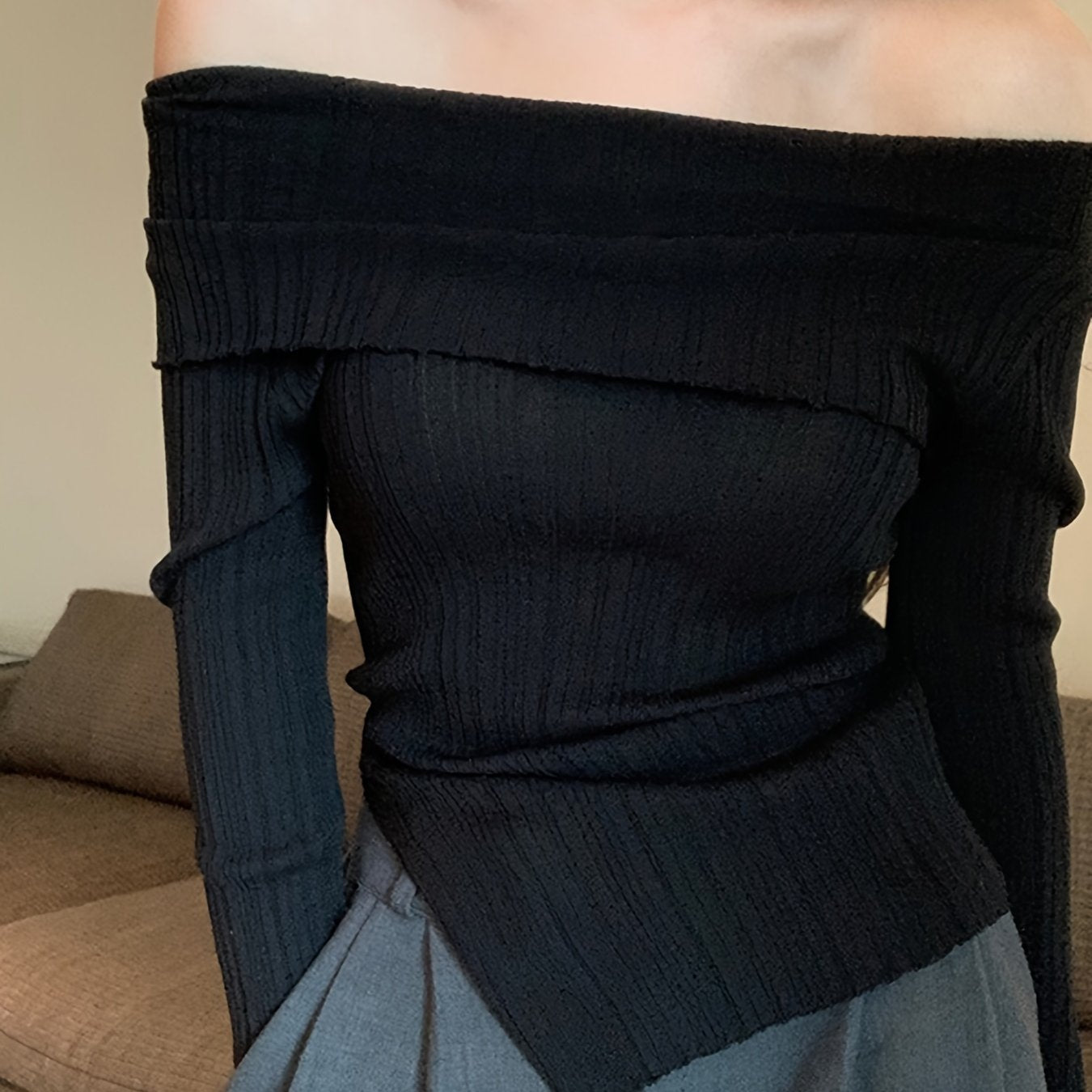 Women'S Autumn And Winter Women'S New One-Shoulder Pullover Slim Hem Slit Thin Casual Long-Sleeved Top Solid Color Off-Shoulder Slit Shirt