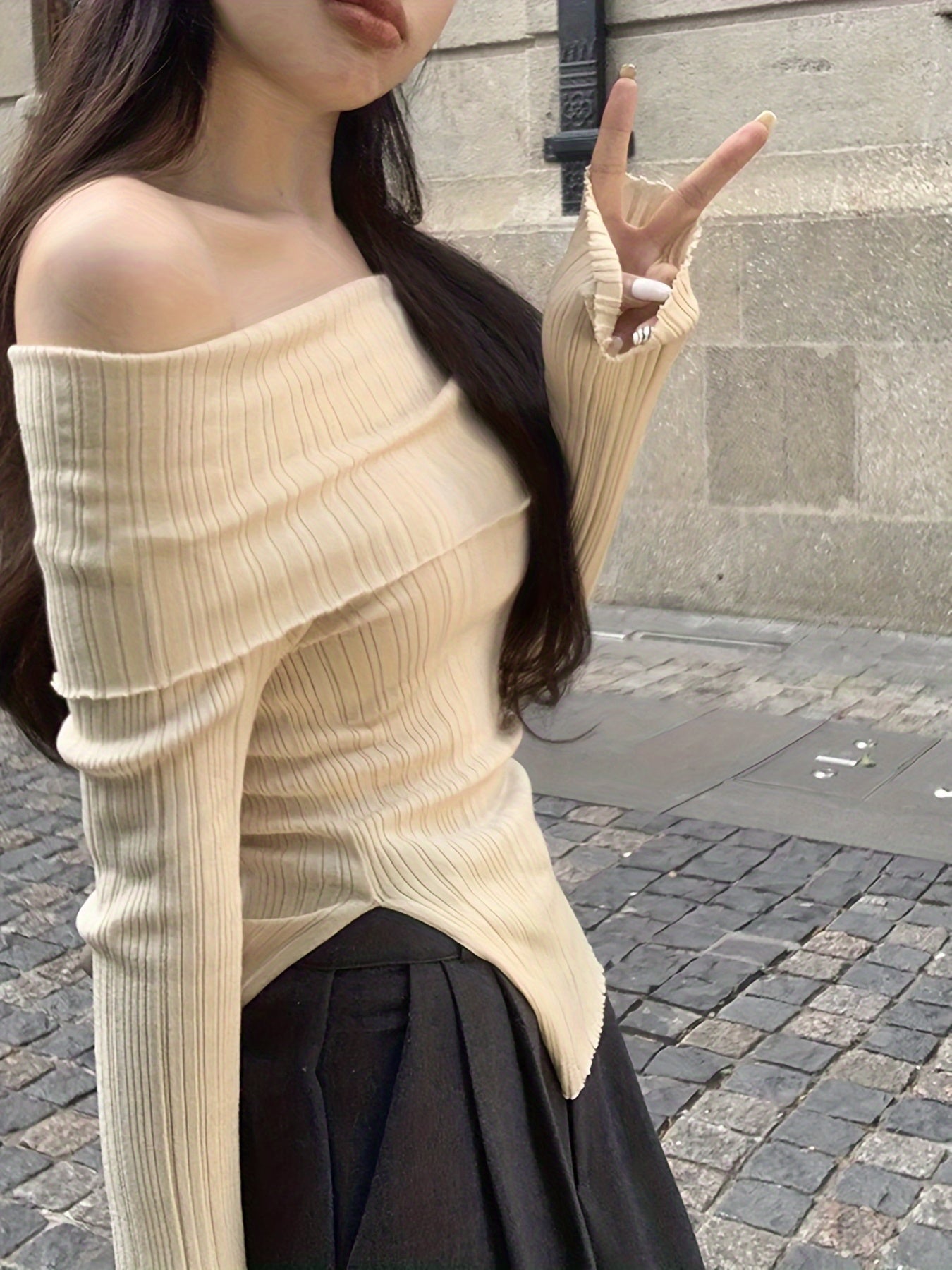 Women'S Autumn And Winter Women'S New One-Shoulder Pullover Slim Hem Slit Thin Casual Long-Sleeved Top Solid Color Off-Shoulder Slit Shirt