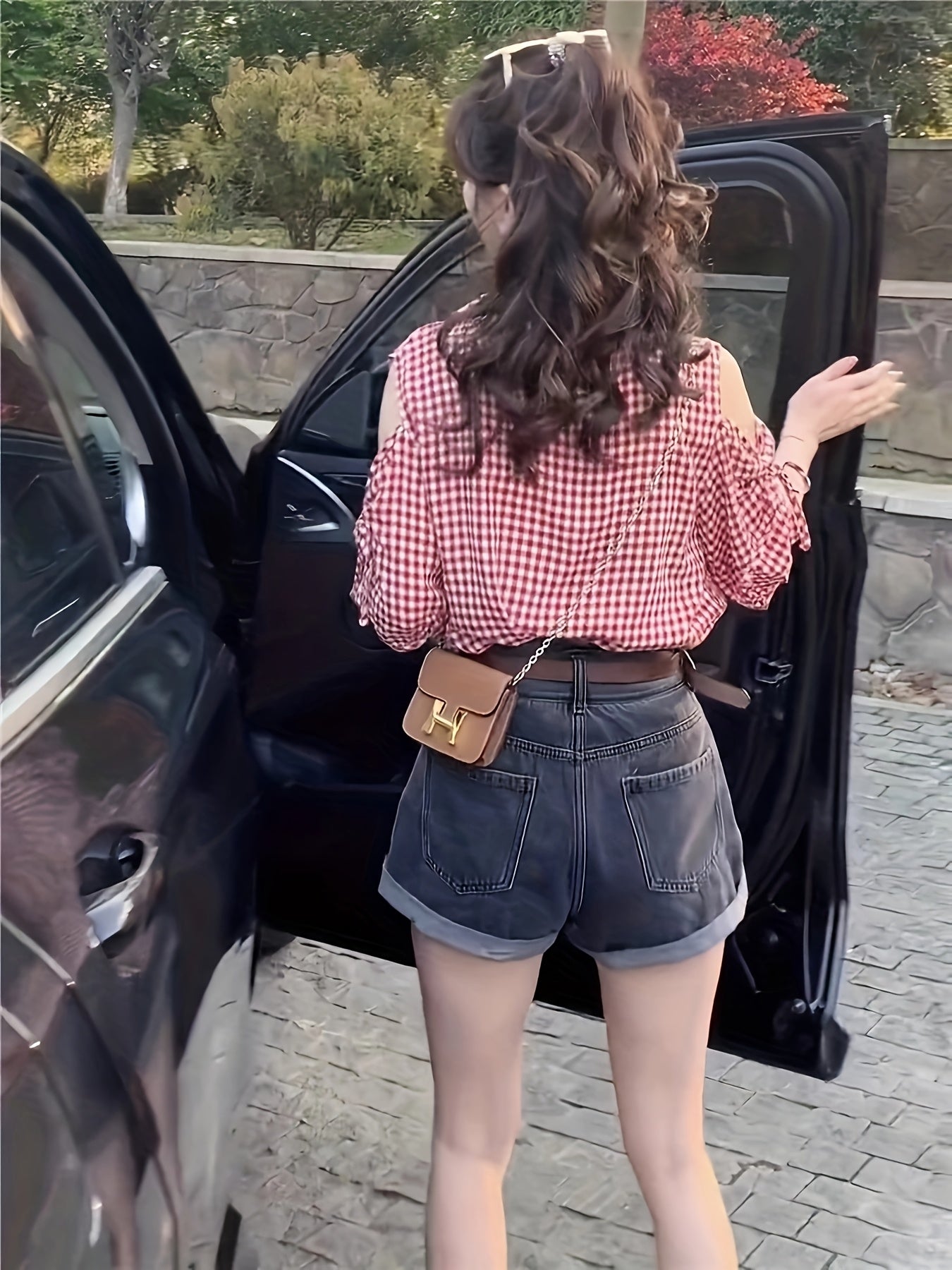 1pc Vintage Off-Shoulder Plaid Blouse for Women - Red & White Gingham Check, Puff Sleeves, Collar, Casual Summer Top, Hand Wash or Dry Clean, Relaxed Outfit, Nontransparent Fabric