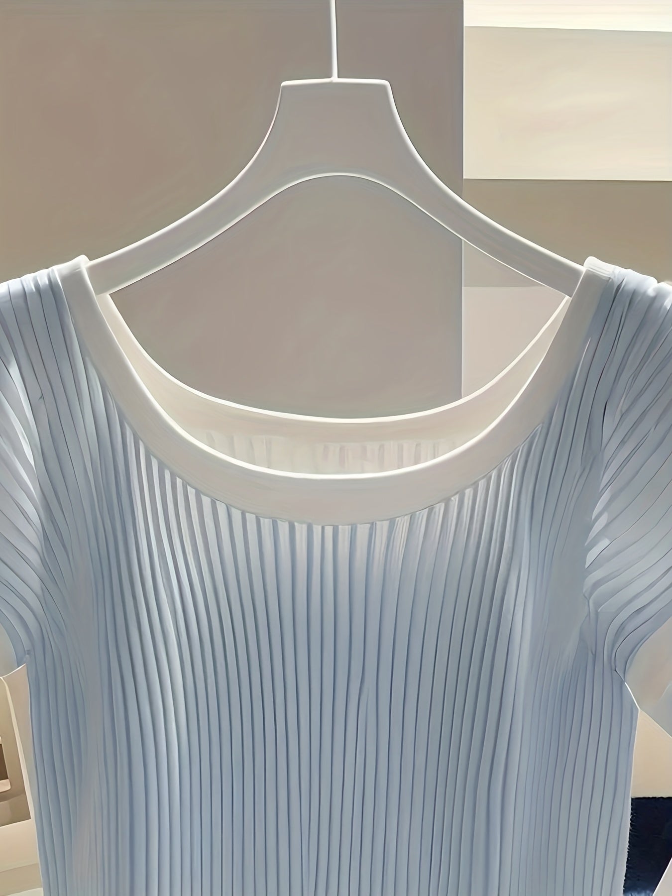 Women's T-Shirt - Light Blue\u002FSoft Blue Horizontal Lines, Stretchy Ice Sliky Fiber Top for Everyday & Formal Outfits - Machine Washable Summer Blouse, Casual Wear, Round Neckline, Ribbed Details, Semitransparent Fabric