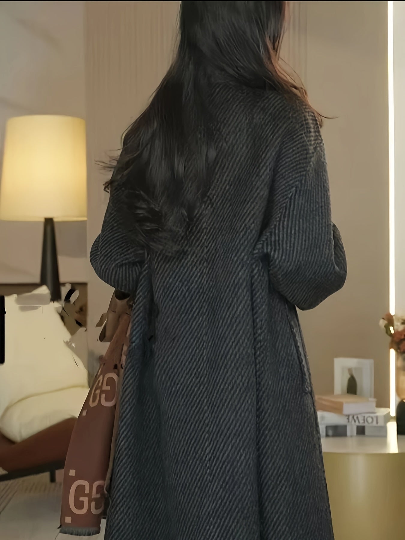 Autumn and Winter New Korean Style Stand Collar Loose Fit Long Over-the-Knee Wool Coat with Large Ribbed Pattern for Women