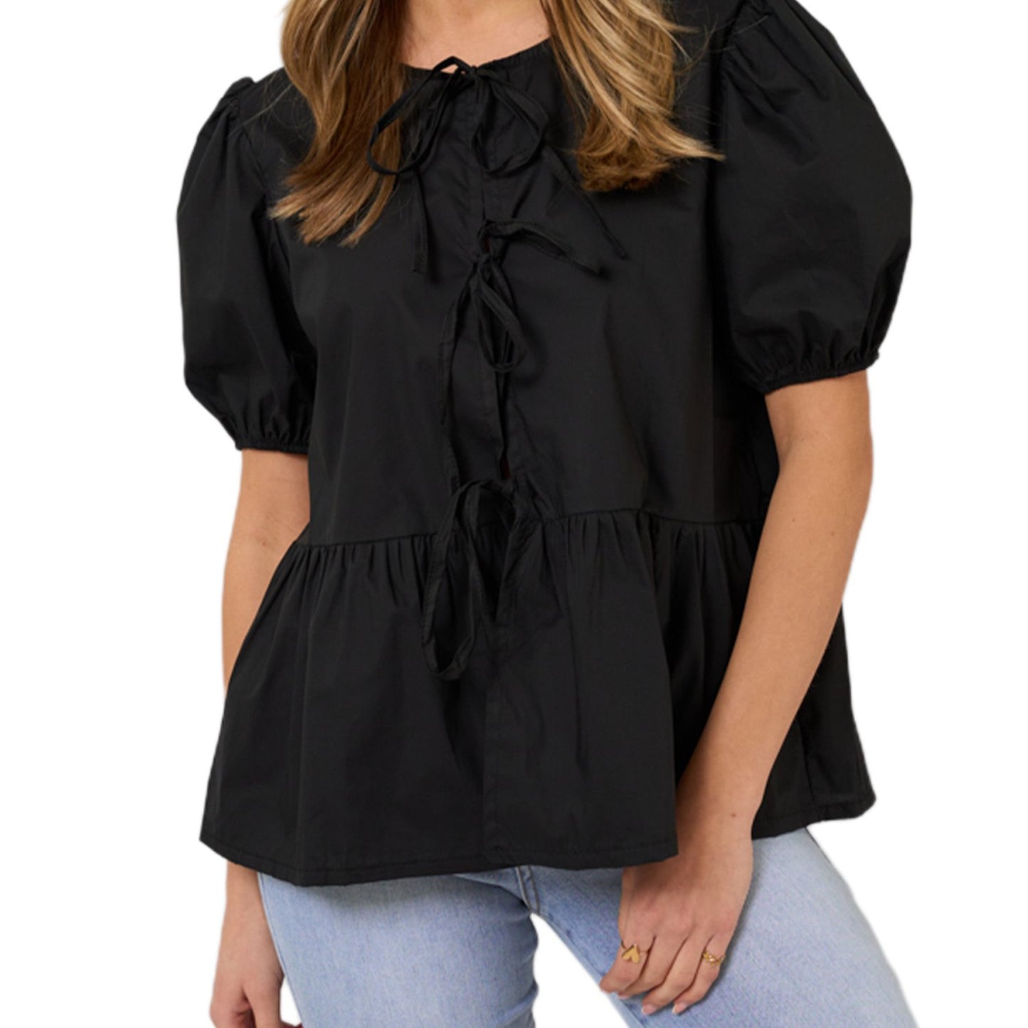 1pc Elegant Women'S Crew Neck Tie Front Puff Sleeve Shirt - 100% Polyester Solid Color Loose Blouse for All Seasons