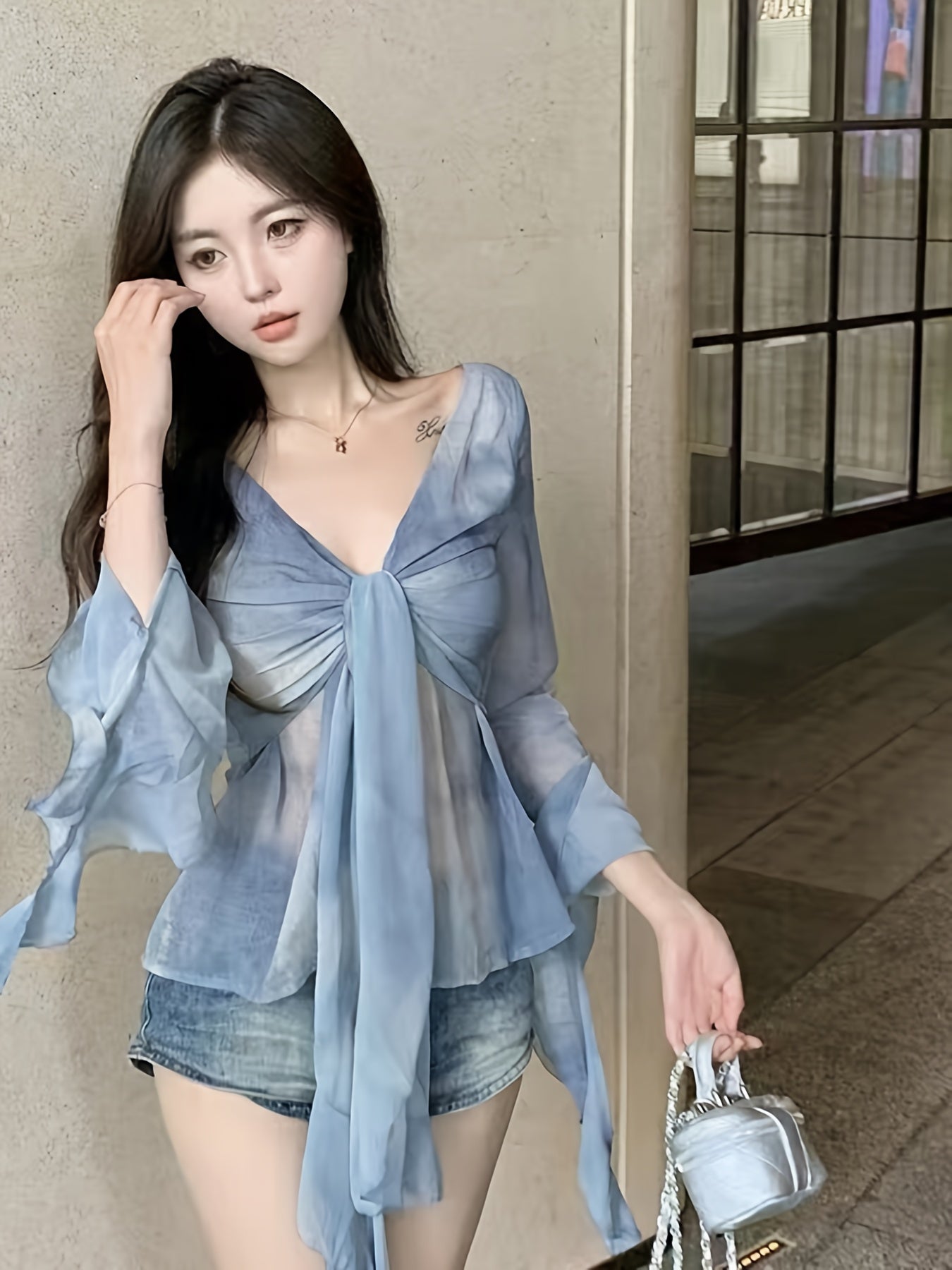 90s-Inspired Tie-Dye V-Neck Crop Top for Women - Sexy Long Sleeve, Slim Fit with Knot Detail, Light Blue Ruched Shirt, Machine Washable, All-Season Fairycore Grunge Style, Versatile Fashion | Soft Fabric, Clothes for Young Ladies