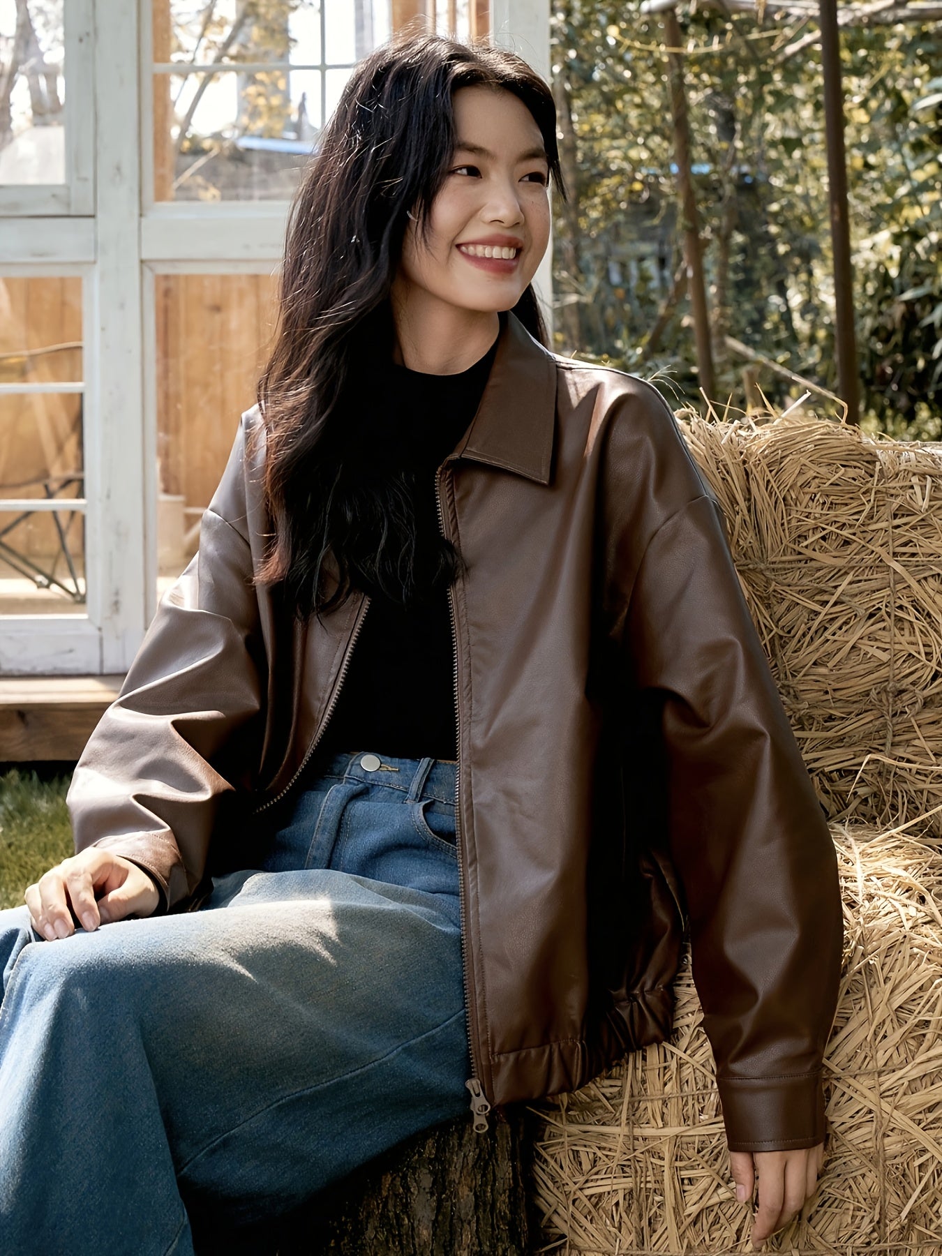Women's Korean Retro Chic Stand Collar Zip-Up Jacket - Brown Casual Outerwear with Zippered Pockets, Loose Fit for Fall Winter Layering, Hand Wash Only