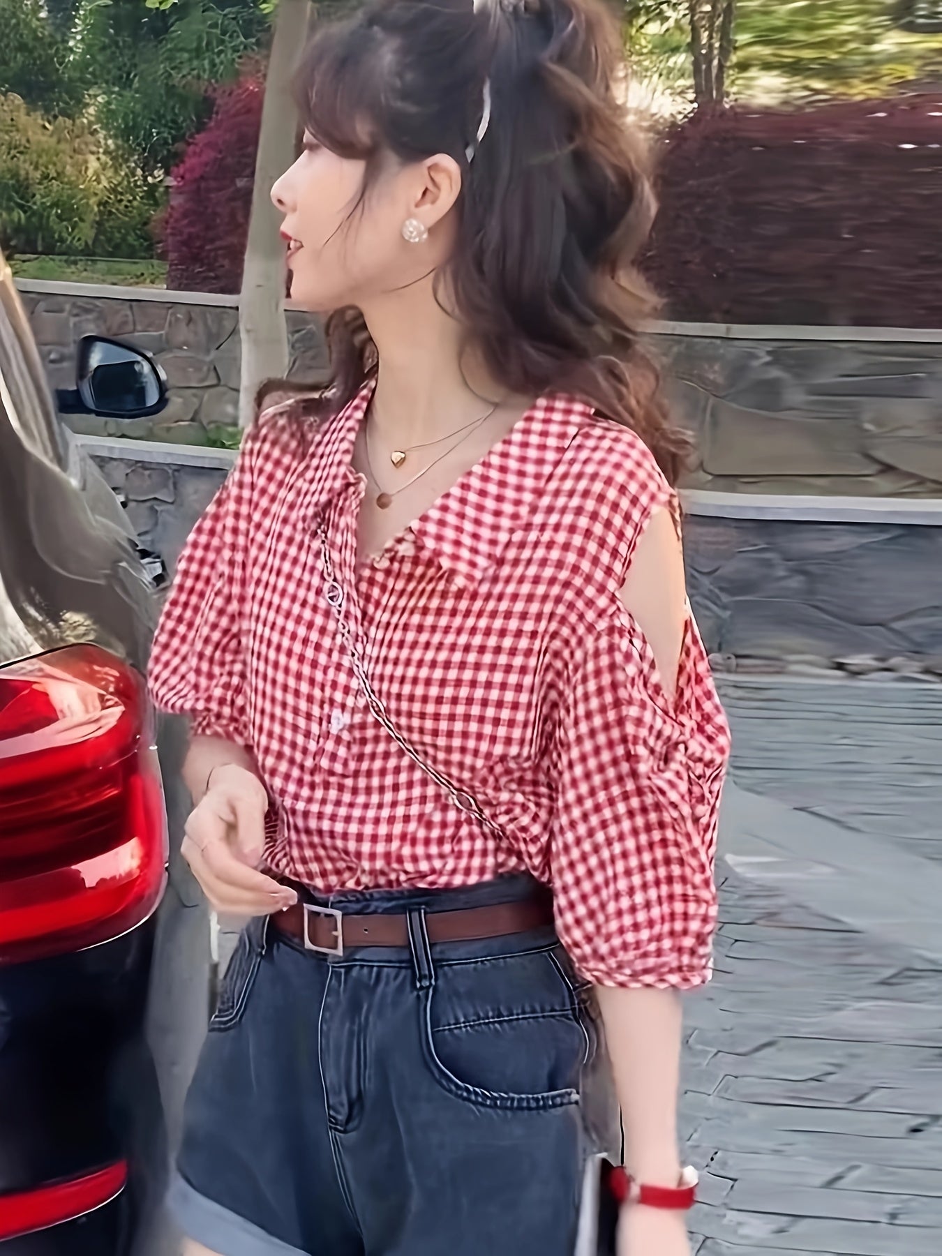 1pc Vintage Off-Shoulder Plaid Blouse for Women - Red & White Gingham Check, Puff Sleeves, Collar, Casual Summer Top, Hand Wash or Dry Clean, Relaxed Outfit, Nontransparent Fabric