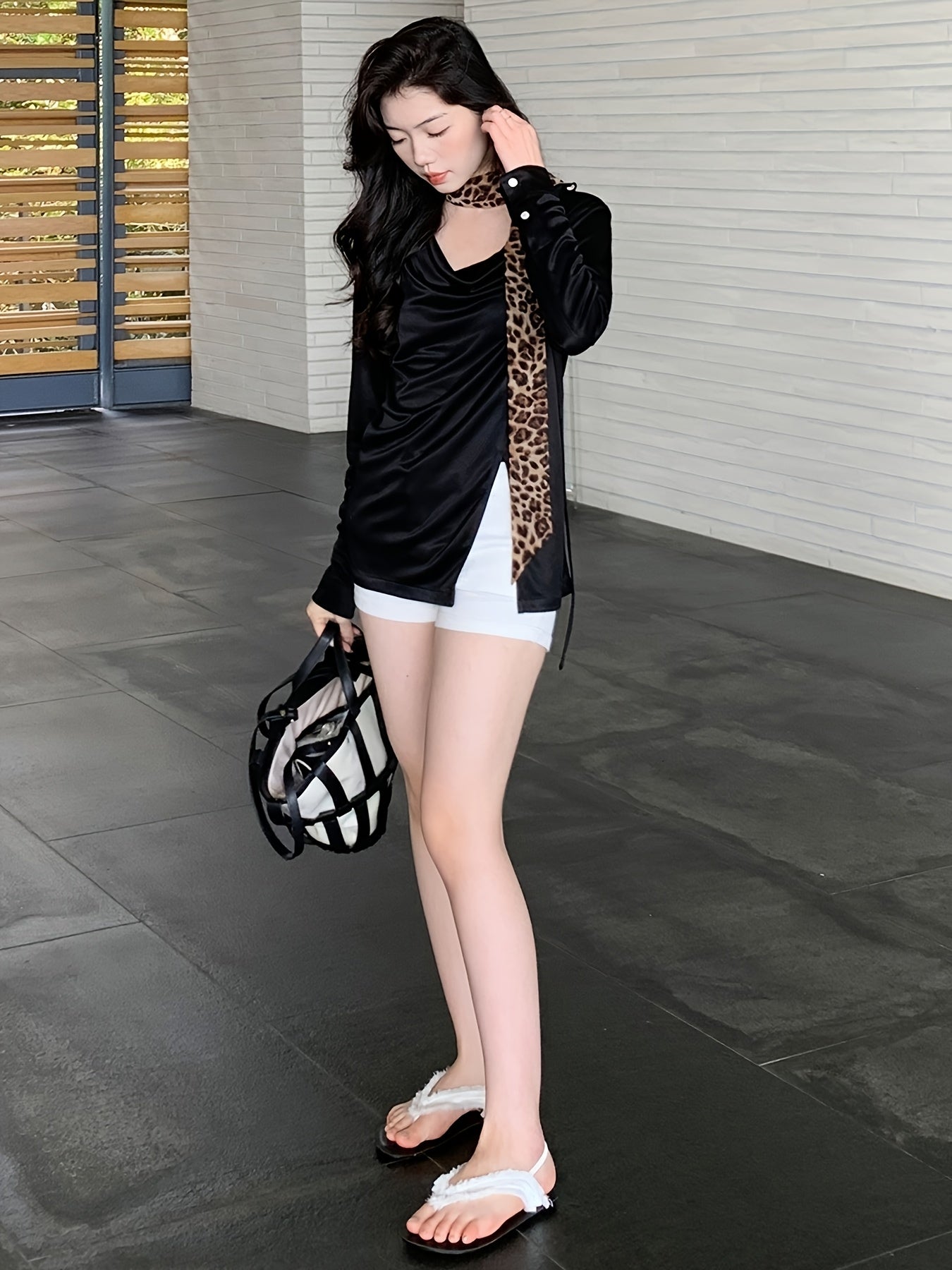 Night Lili Shirt Elegant Style Acetate Ribbon Neck Long Sleeve Shirt