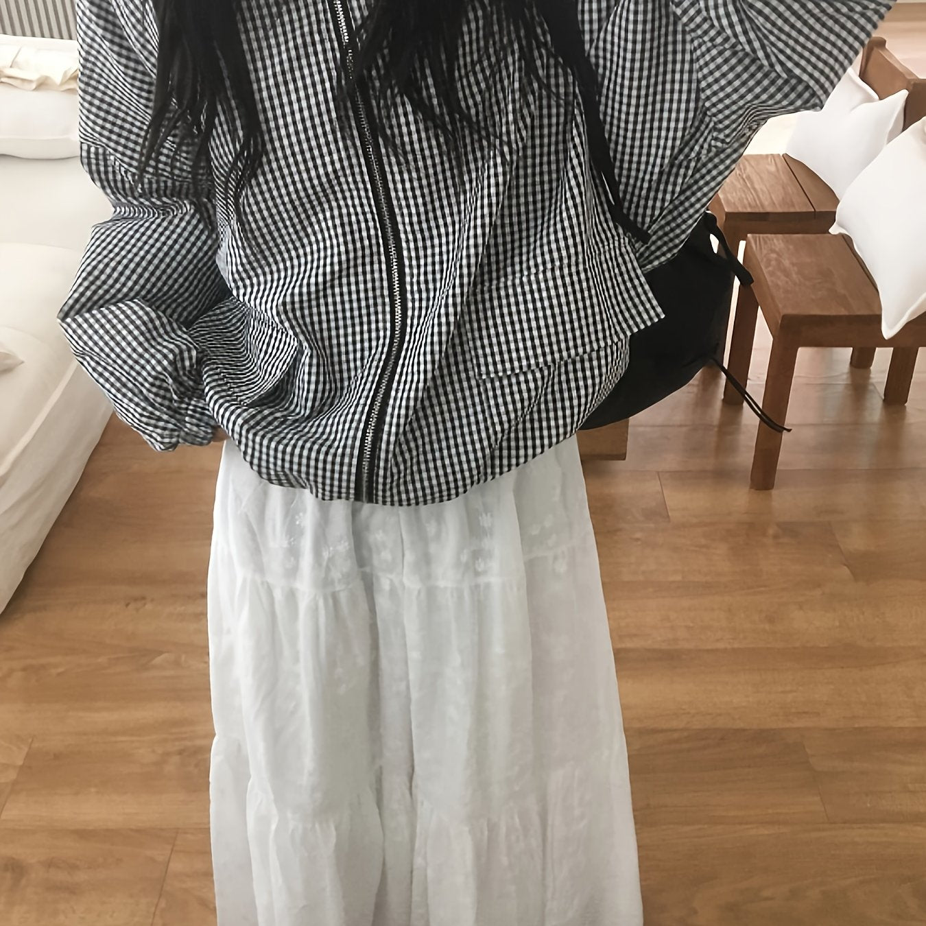Women'S Lightweight Plaid Hooded Jacket - Casual Chic Long Sleeve Zipper Front Coat with Pockets, Black & White Checkered Pattern, Perfect for Fall\u002FWinter Outings, Fall Winter Apparel | Checkered Pattern Jacket | Zippered Jacket