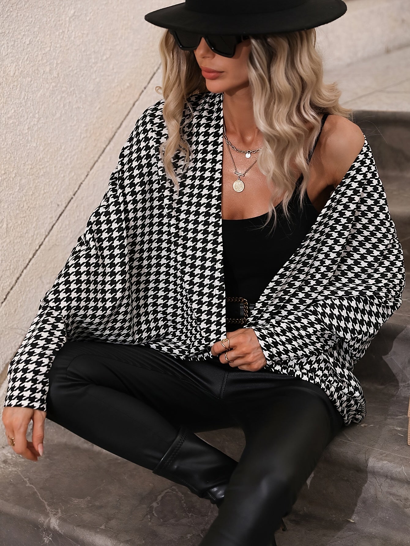 Elegant Houndstooth Batwing Sleeve Open Front Jacket - Polyester Blend, Machine Washable - Women's Fashion