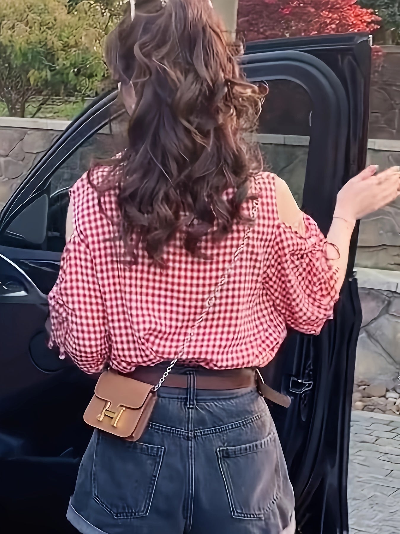 1pc Vintage Off-Shoulder Plaid Blouse for Women - Red & White Gingham Check, Puff Sleeves, Collar, Casual Summer Top, Hand Wash or Dry Clean, Relaxed Outfit, Nontransparent Fabric