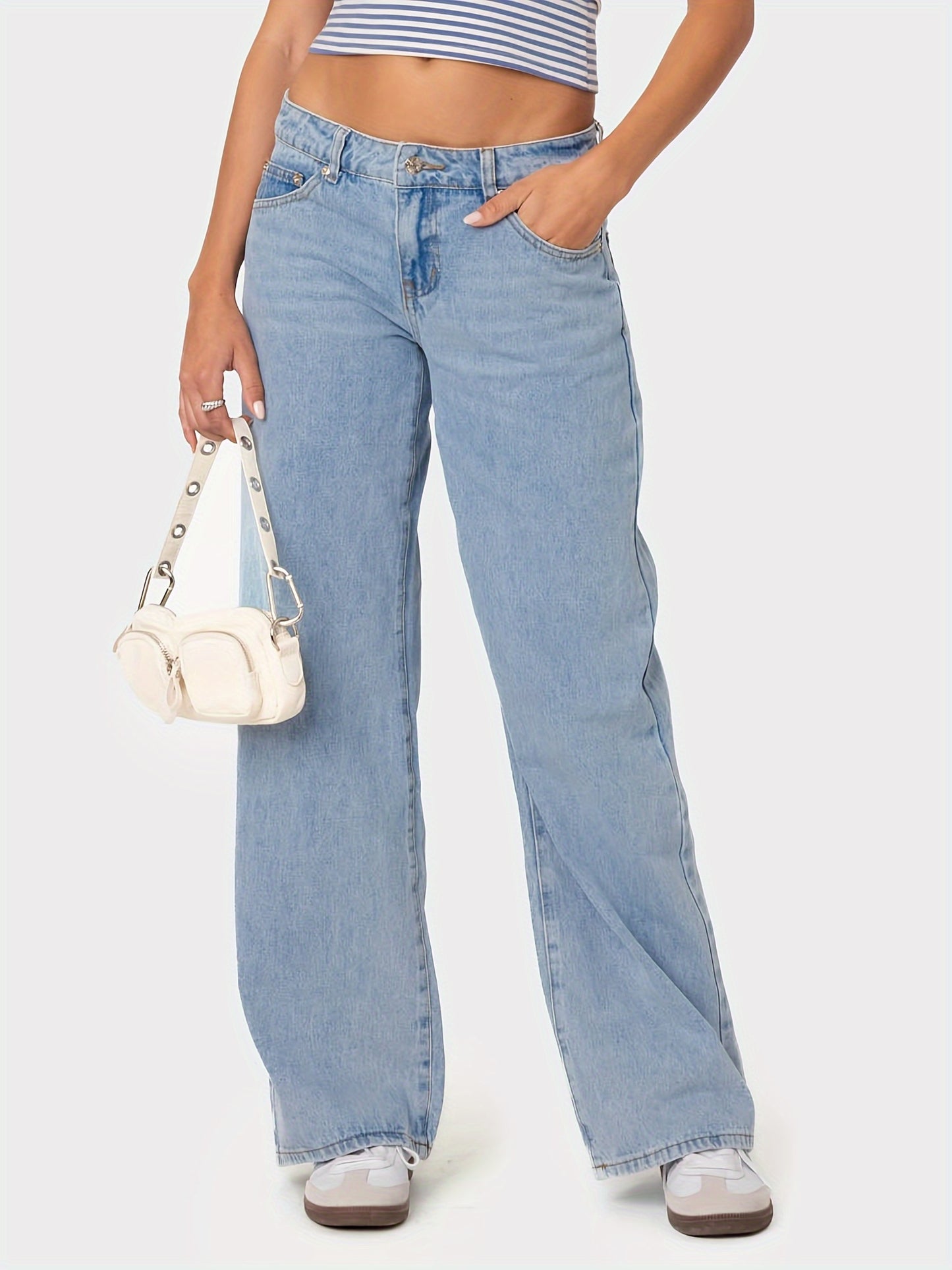 Plus Size Wide Leg Faux Denim for Women - Casual All-Season Long Faux Denim Trousers, Slight Stretch Cotton Blend Solid Color Pants with Button Fly
