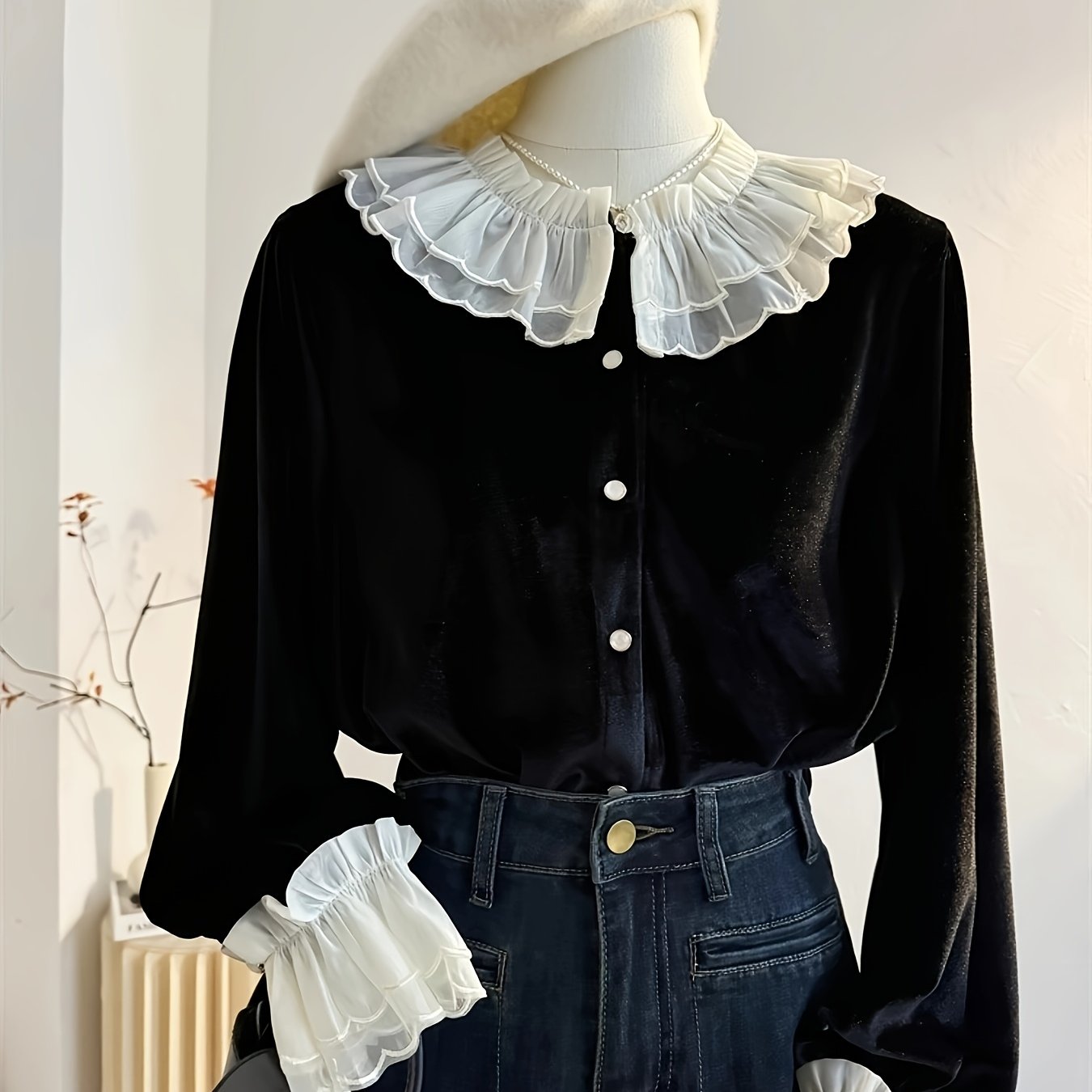 French Vintage Black Fleece Blouse with Ruffled Collar & Cuffs - Button-Up Long Sleeve Shirt for Women, Machine Washable Winter Layering Top for Office & Casual Outfits