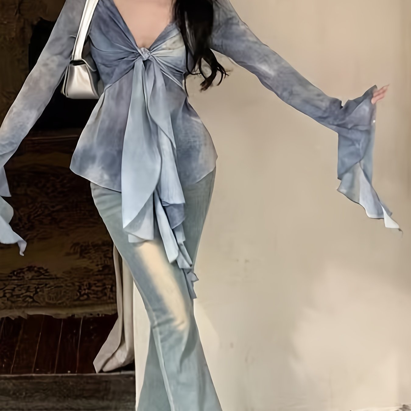 90s-Inspired Tie-Dye V-Neck Crop Top for Women - Sexy Long Sleeve, Slim Fit with Knot Detail, Light Blue Ruched Shirt, Machine Washable, All-Season Fairycore Grunge Style, Versatile Fashion | Soft Fabric, Clothes for Young Ladies
