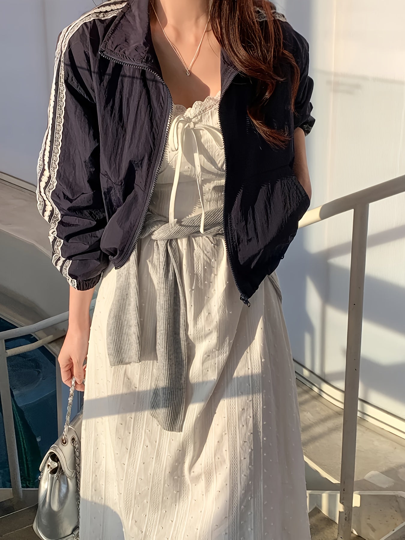 Contrast Lace Splicing Jacket for Women - 2025 Spring\u002FAutumn New Casual Loose Fit Versatile Trendy Top