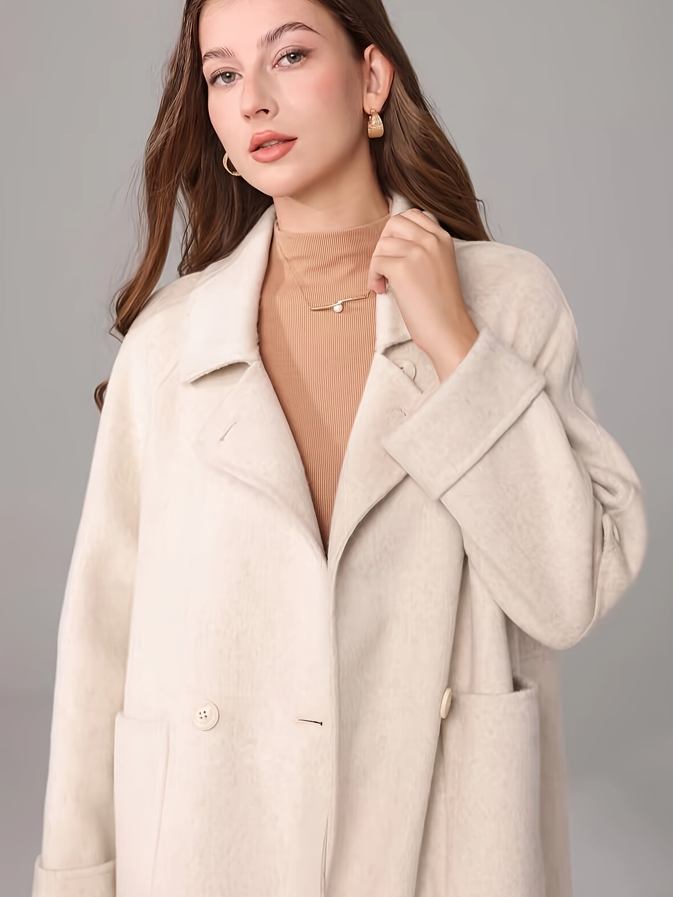 Elegant White Long Coat for Women - Chic Long Sleeve, Button-Up, Flap Pockets, Polyester Blend, Perfect for Fall\u002FWinter Fashion, Stylish Outerwear | Chic Long Coat | Polyester Blend Coat