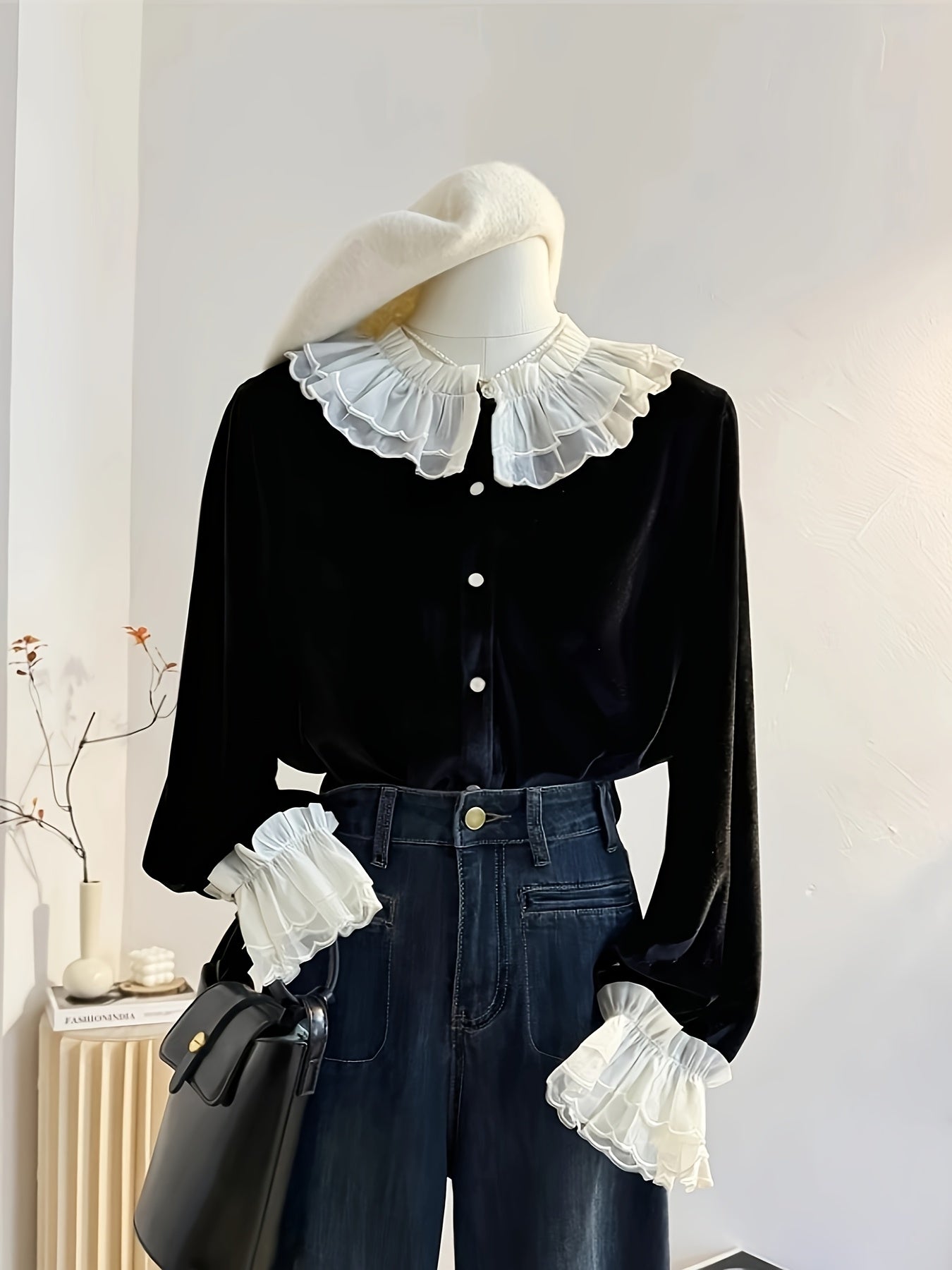 French Vintage Black Fleece Blouse with Ruffled Collar & Cuffs - Button-Up Long Sleeve Shirt for Women, Machine Washable Winter Layering Top for Office & Casual Outfits