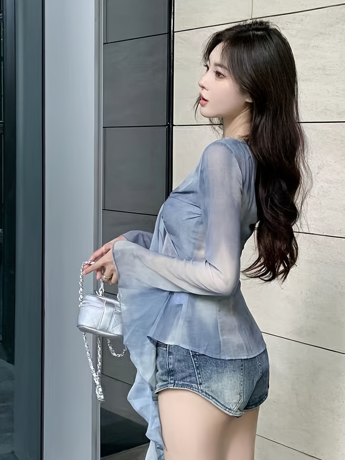 90s-Inspired Tie-Dye V-Neck Crop Top for Women - Sexy Long Sleeve, Slim Fit with Knot Detail, Light Blue Ruched Shirt, Machine Washable, All-Season Fairycore Grunge Style, Versatile Fashion | Soft Fabric, Clothes for Young Ladies